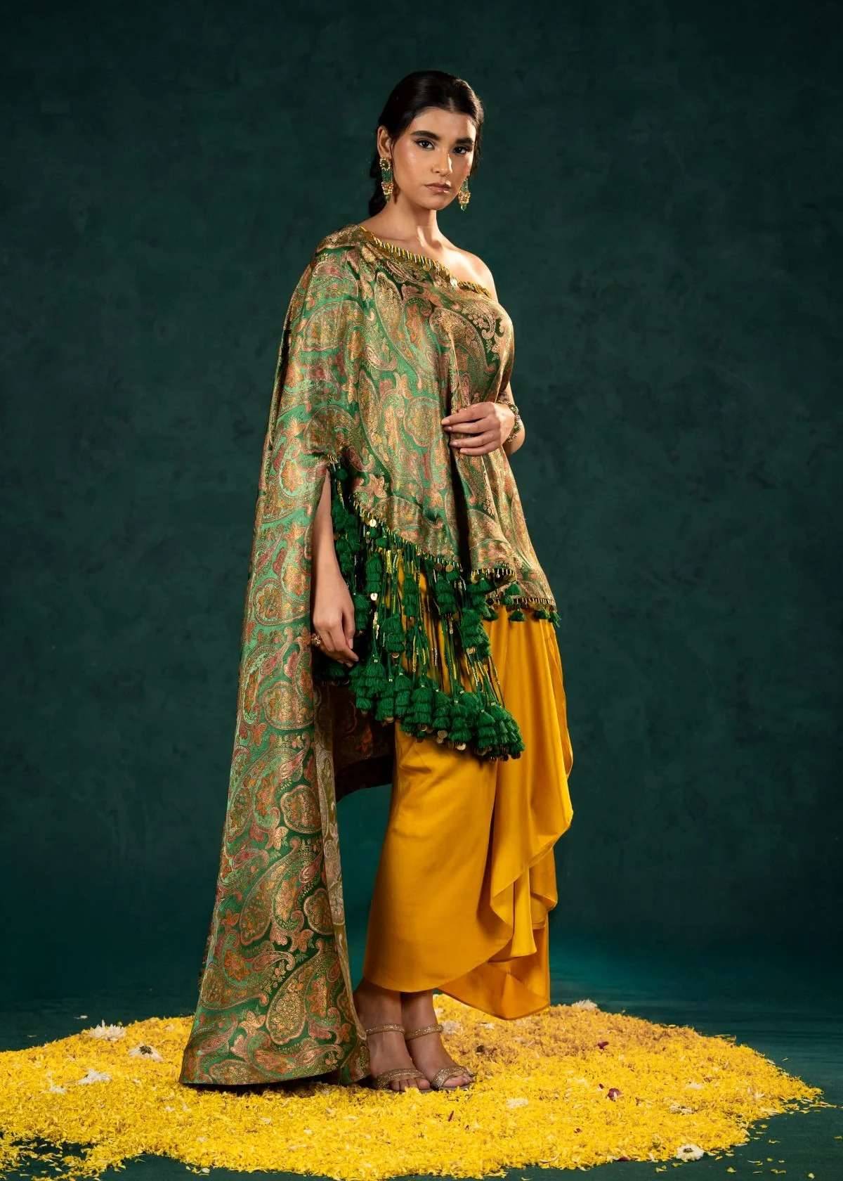 Brocade Asymetrical Top with Draped Skirt Set Image - 5