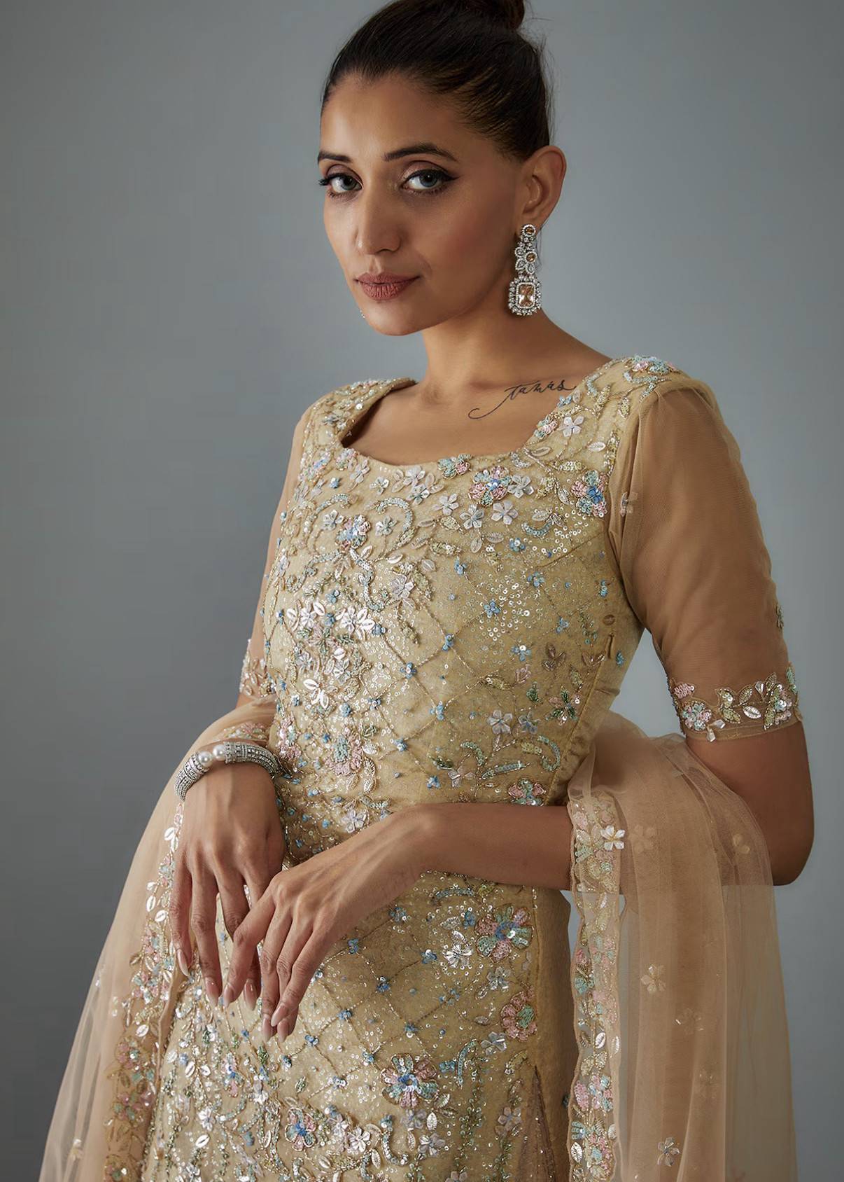 Gold Net Embroidered Sharara Image - 3