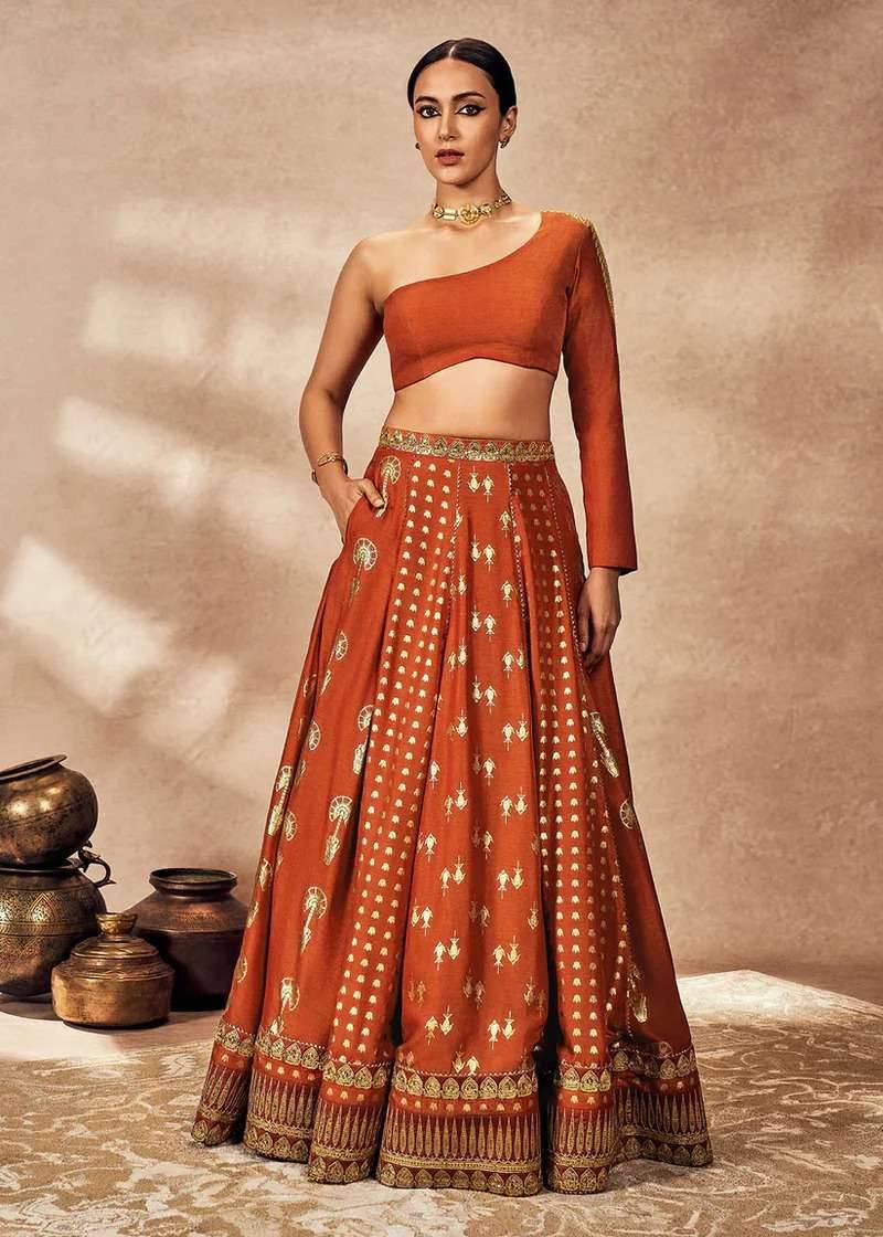 Rust Foil One-Shoulder Lehenga Image - 0
