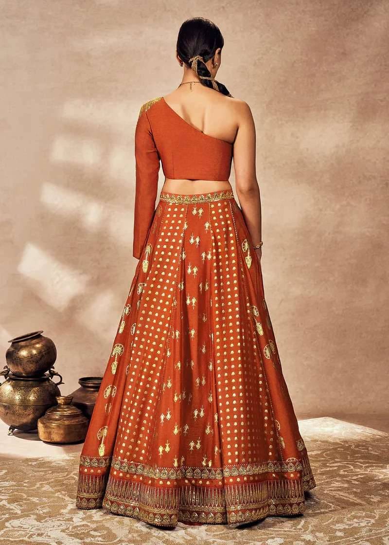 Rust Foil One-Shoulder Lehenga Image - 3