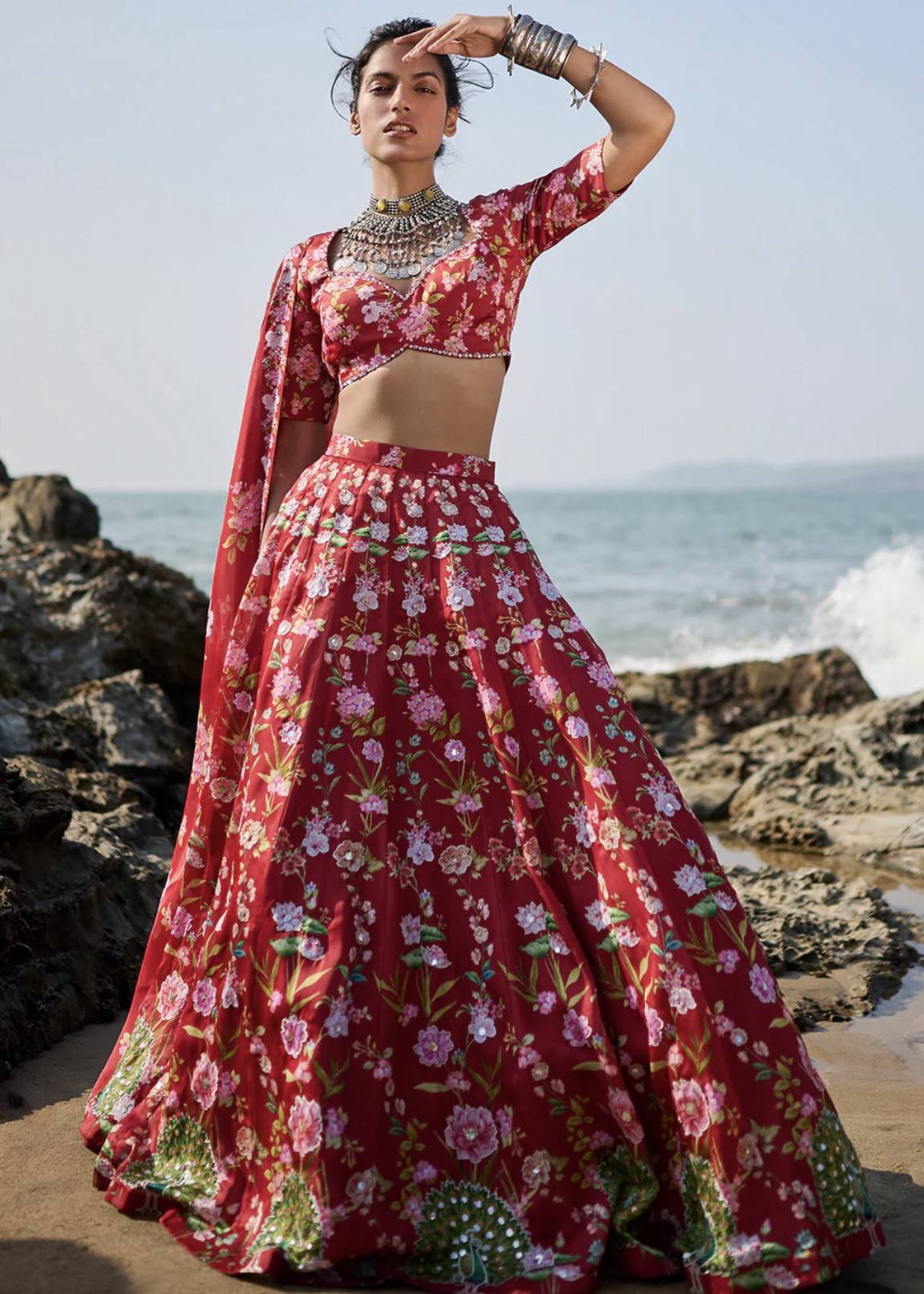 Deep Red Floral Printed Lehenga Image - 0