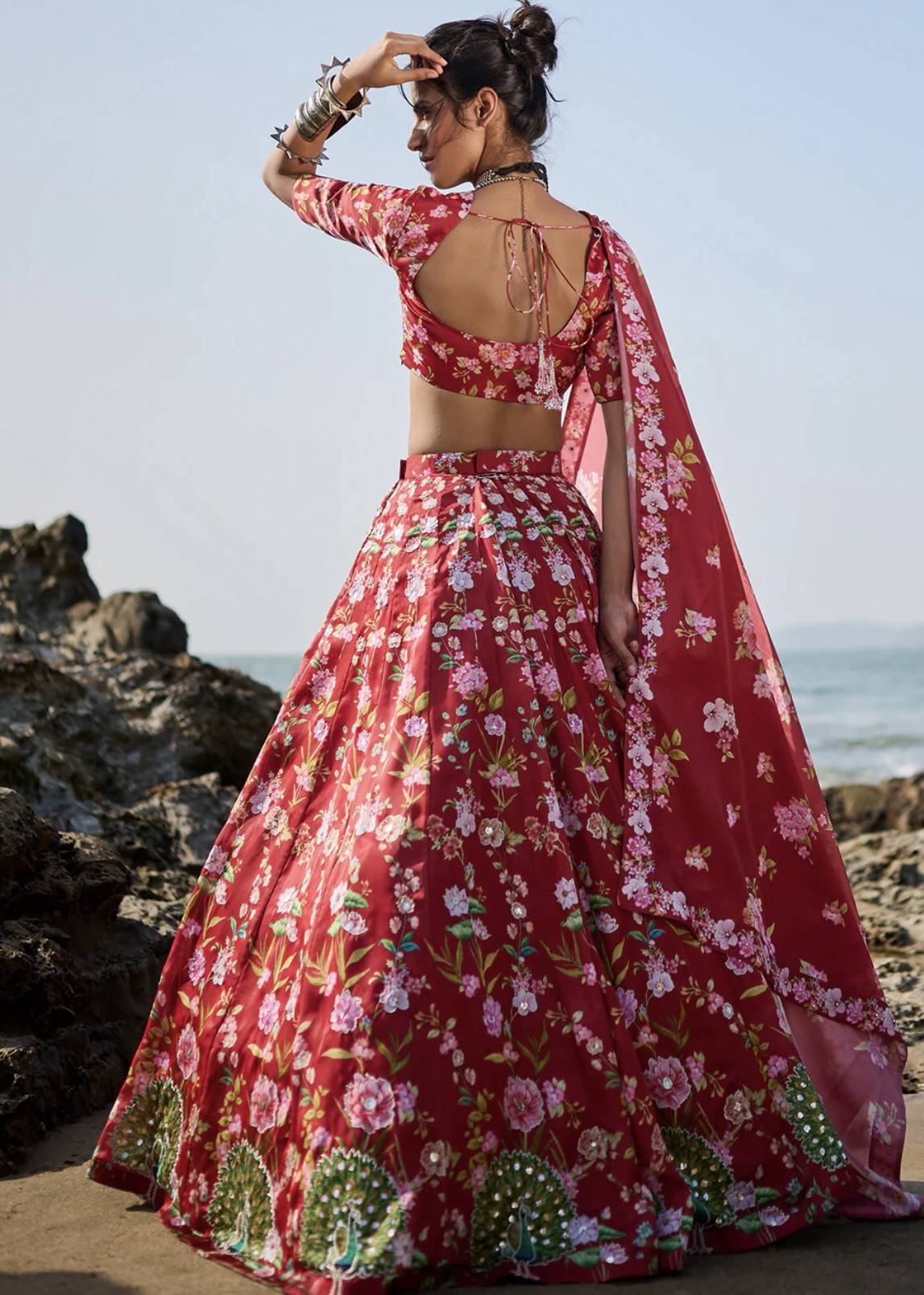 Deep Red Floral Printed Lehenga Image - 1