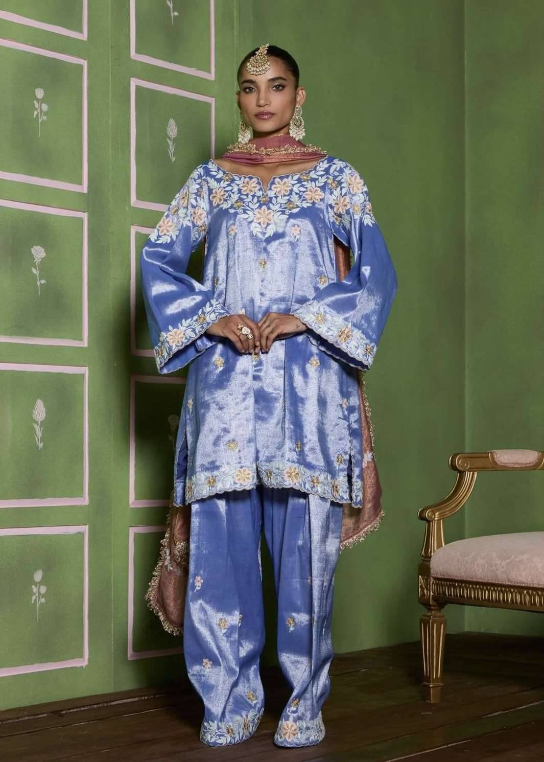 Blue Floral Farshi Salwar Set Image - 0