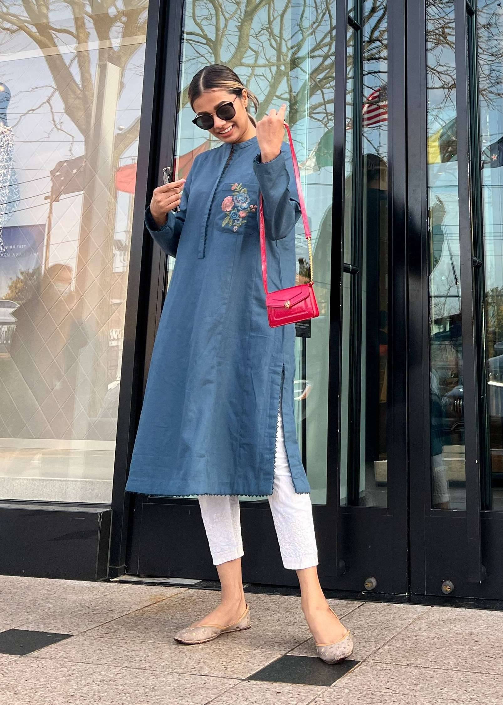 Navy Embroidered Kurta Top Image - 0