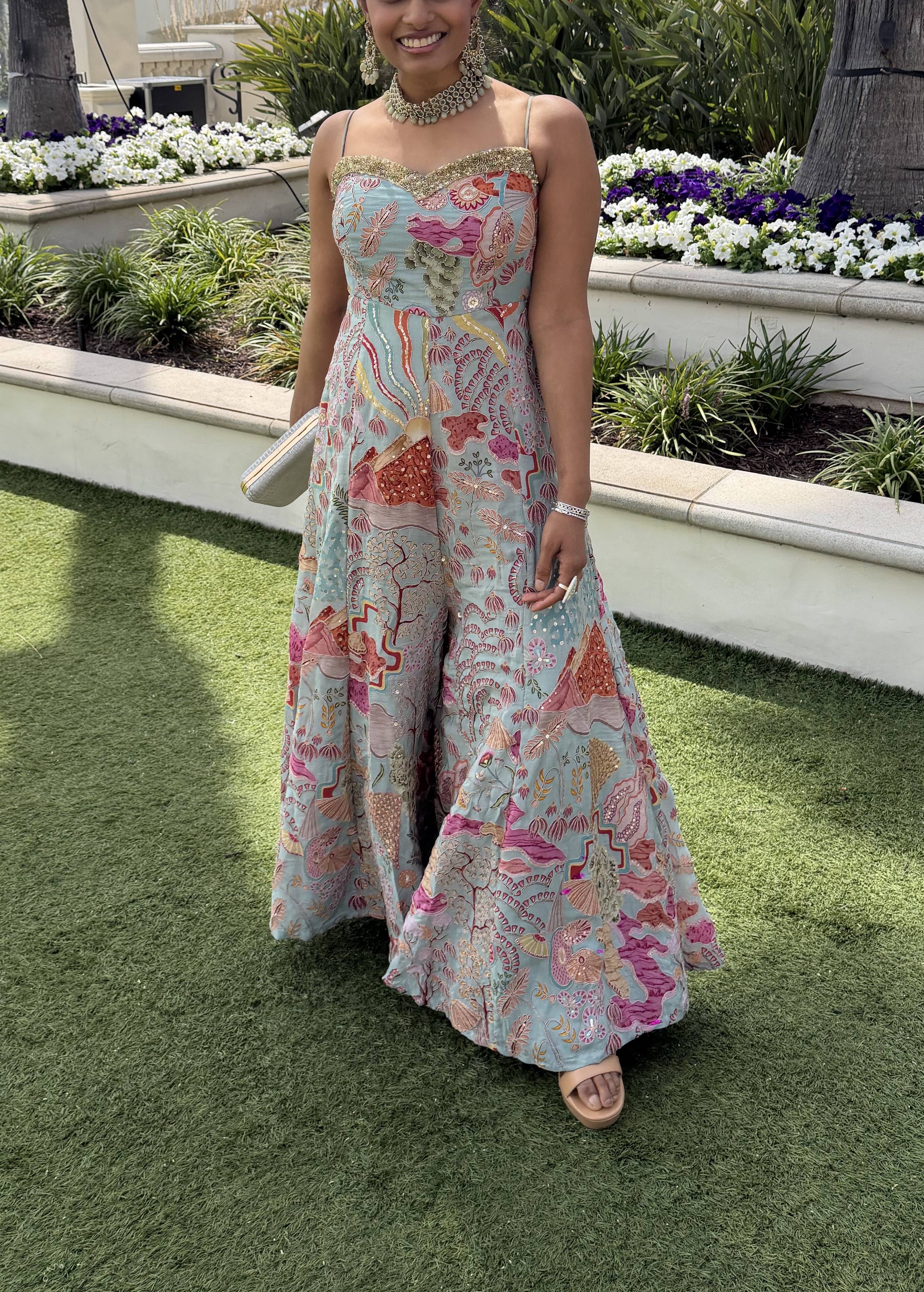 Baby Blue Printed Flared Jumpsuit Image - 2