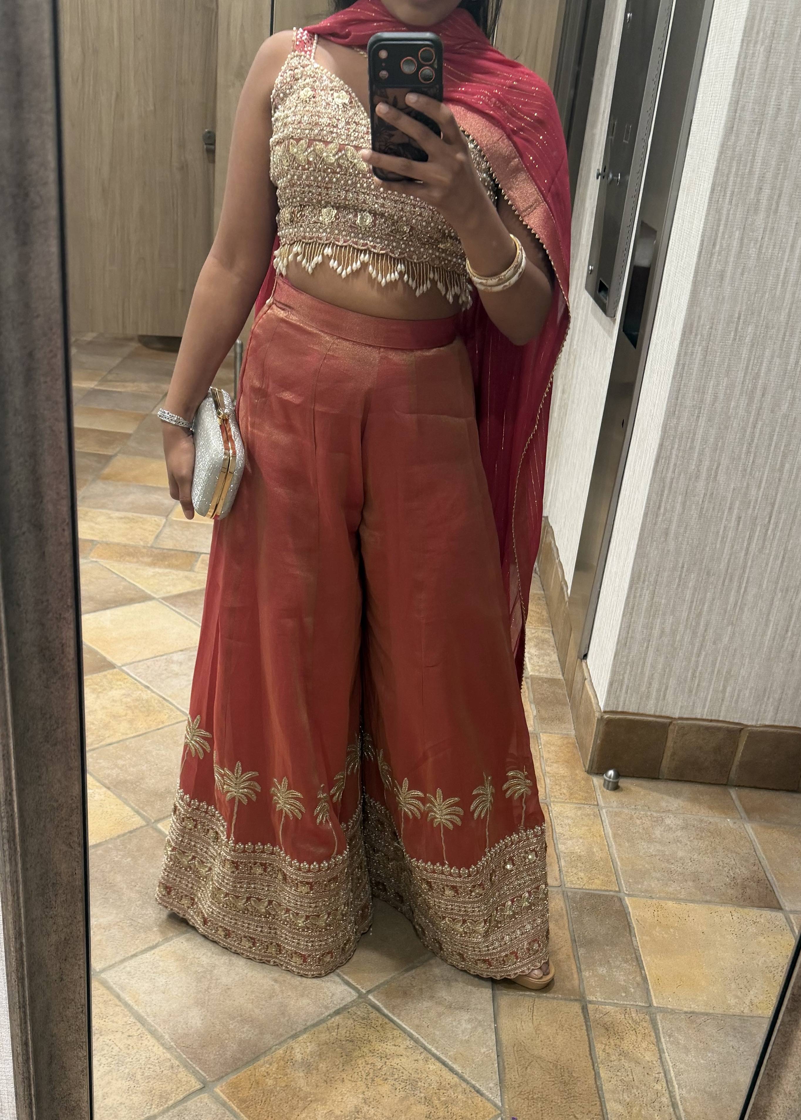Rust Palm Embroidered Sharara Set Image - 1