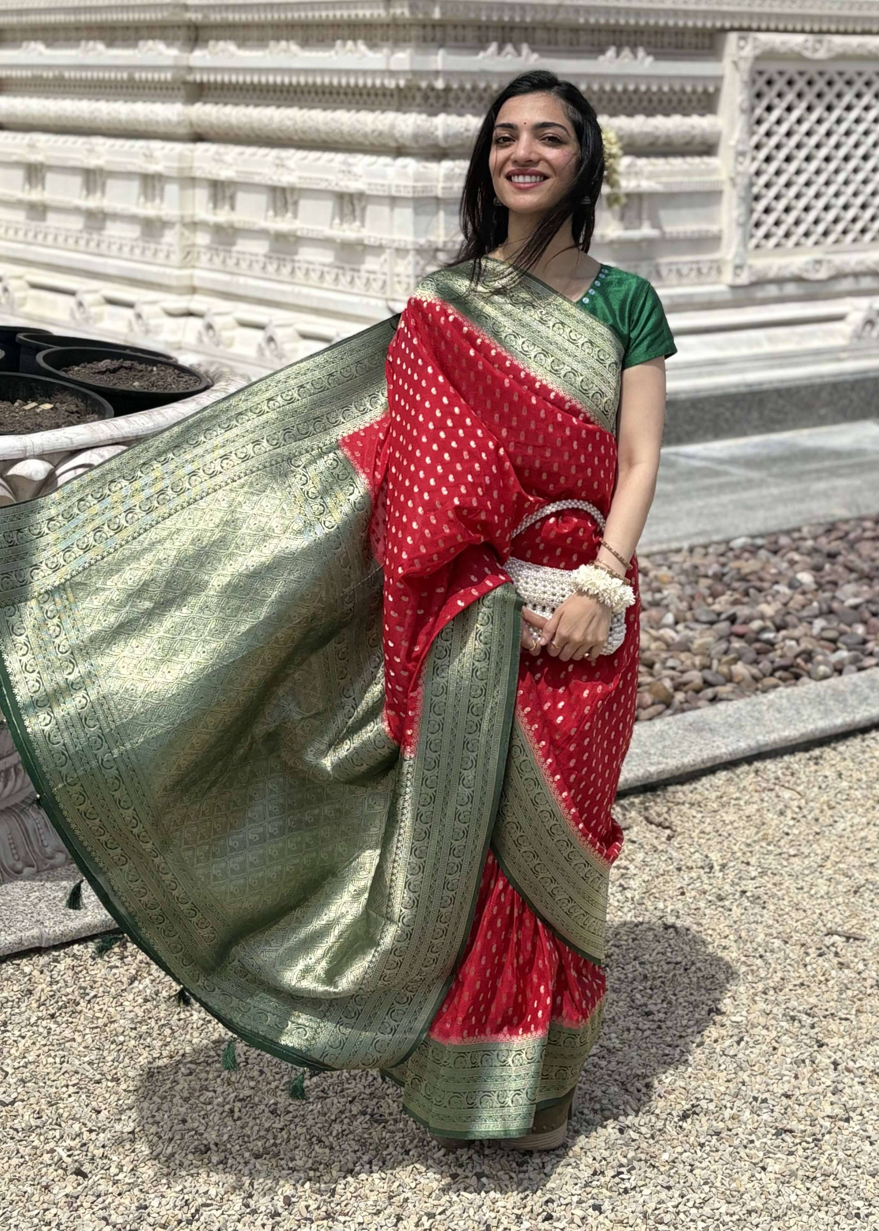 Red & Sage Green Banarasi Sari Image - 0