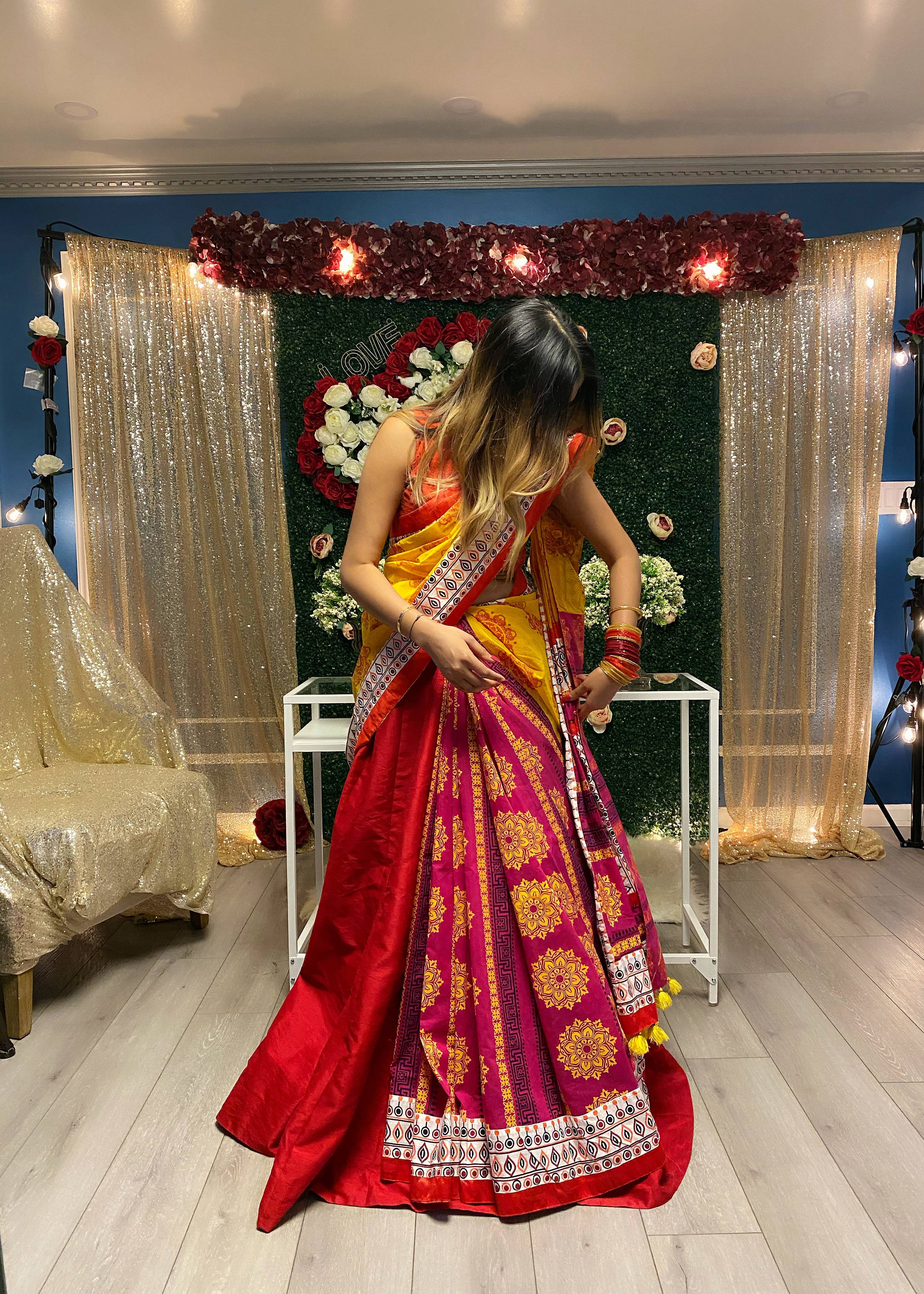 Red Silk Lehenga Sari Image - 1