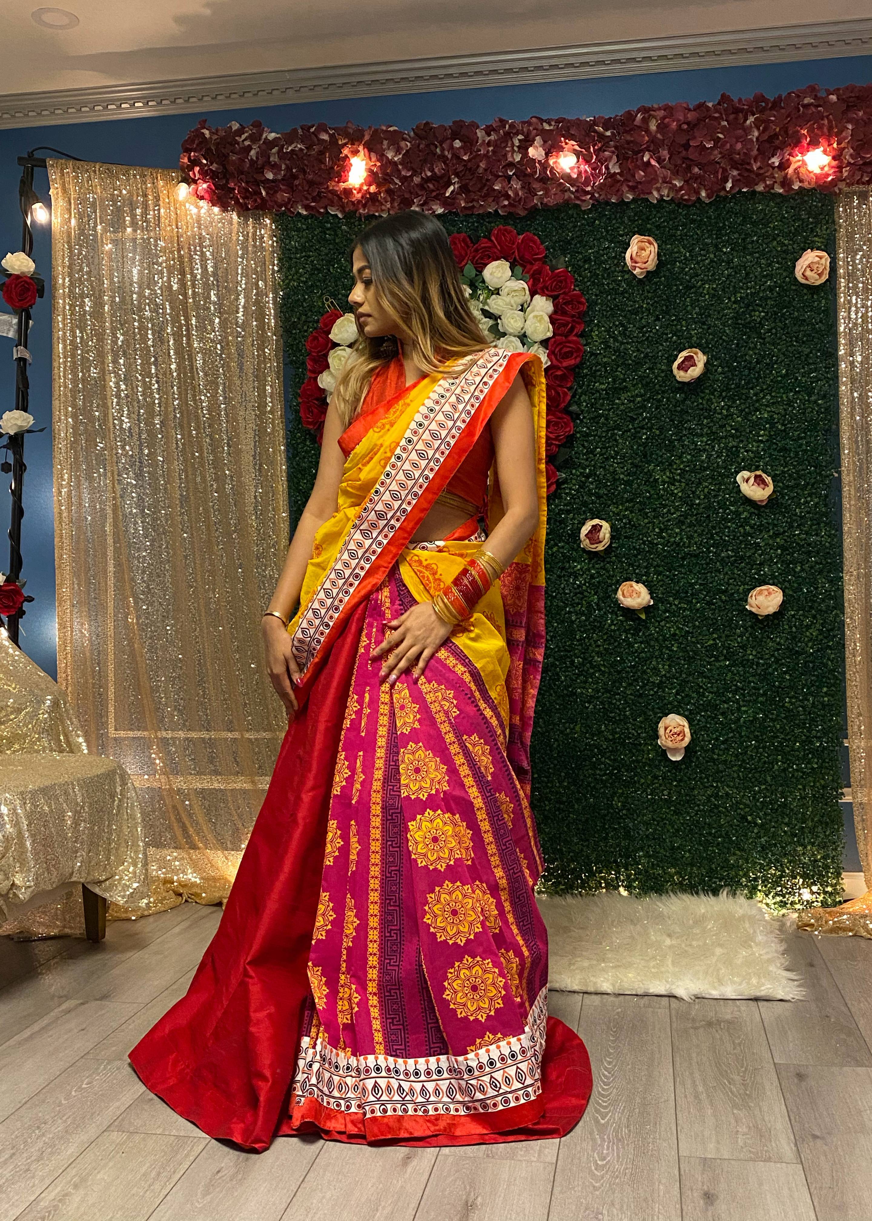 Red Silk Lehenga Sari Image - 2