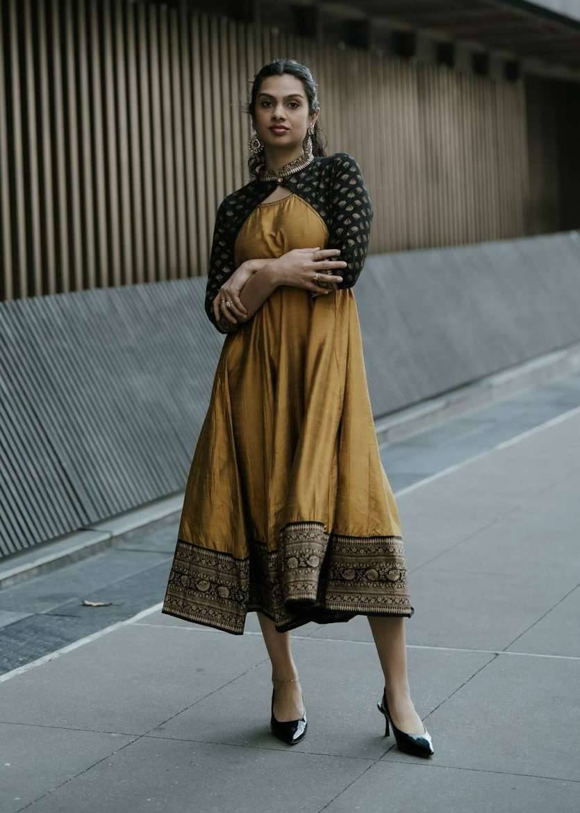 Gold Brocade Anarkali Dress Image - 0