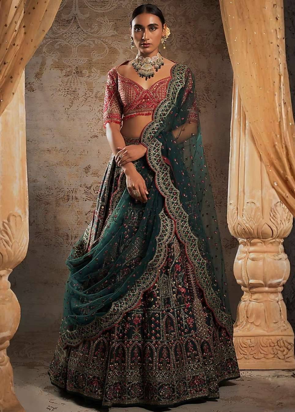 Bottle Green Tulle Lehenga Set Image - 0