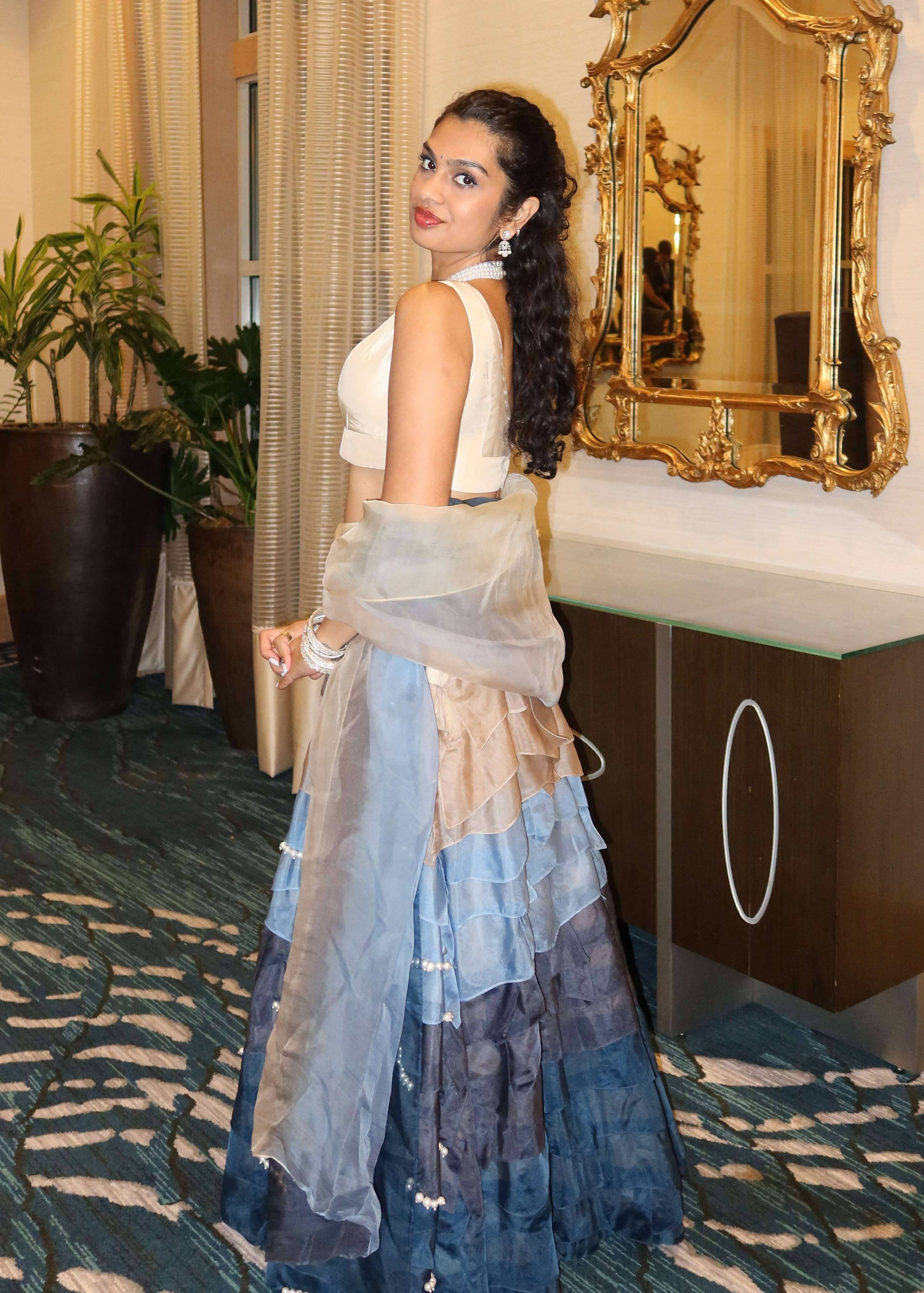Beige to Blue Ruffled Lehenga Image - 1