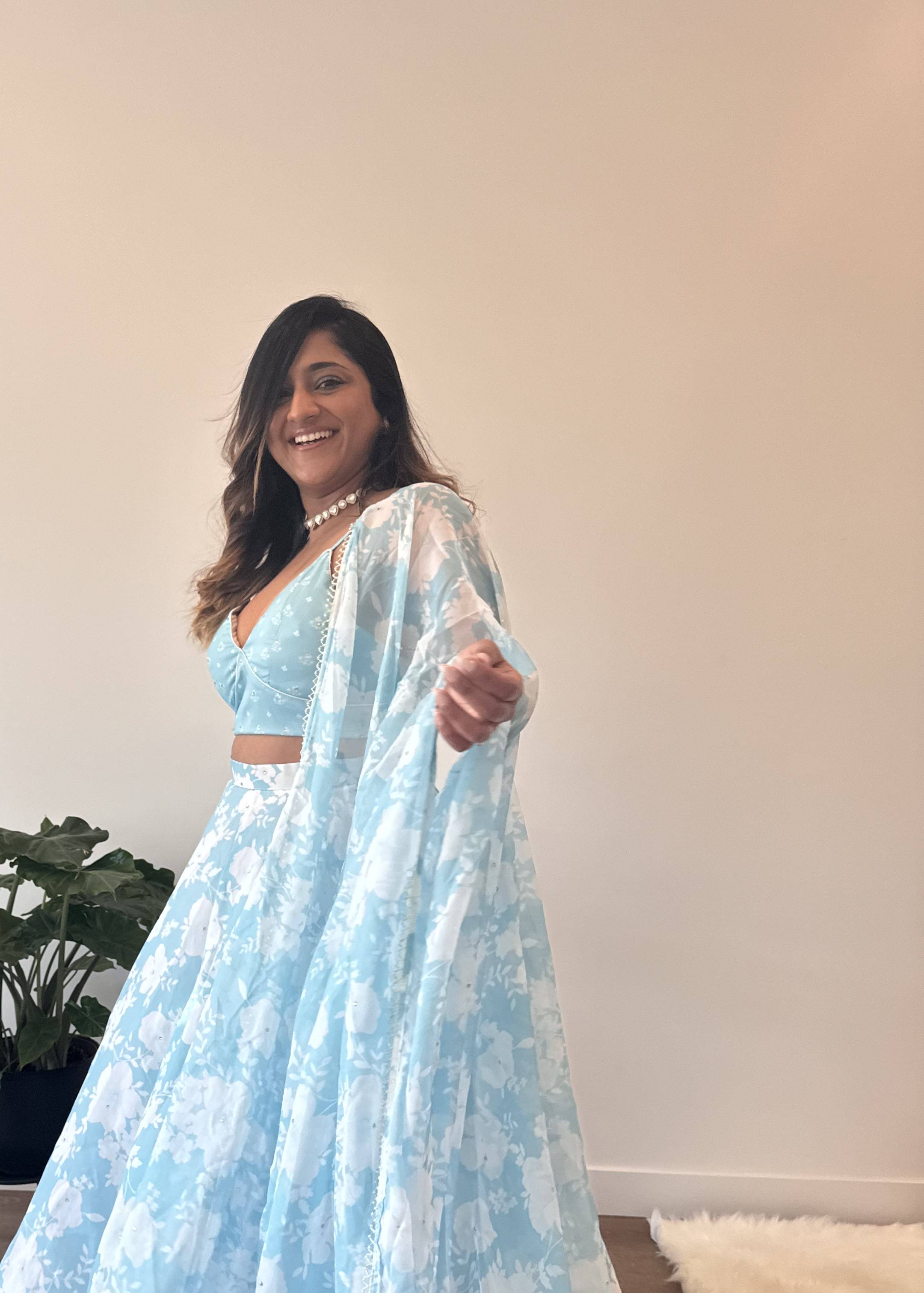 Sky Blue Floral Lehenga Image - 2
