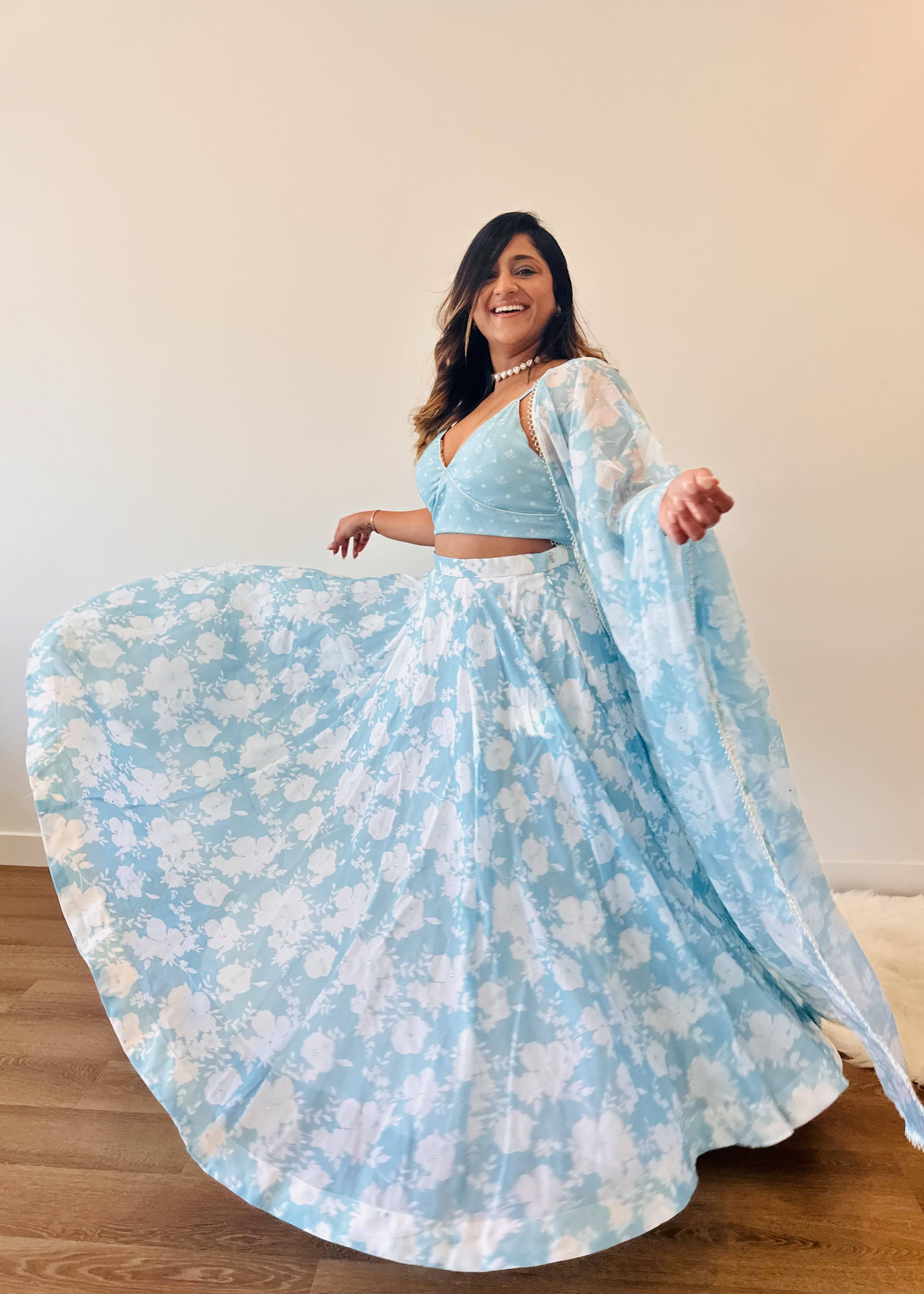 Sky Blue Floral Lehenga Image - 0