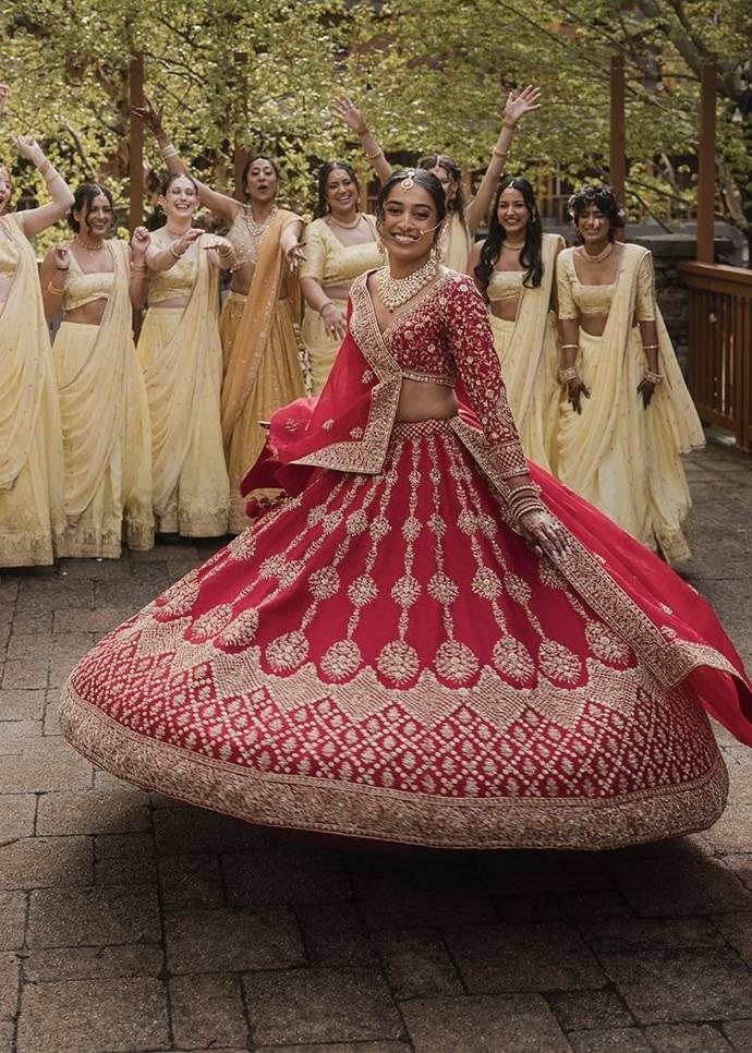 Cherry Red & Gold Bridal Lehenga Image - 0