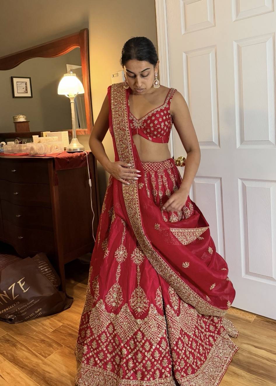 Cherry Red & Gold Bridal Lehenga Image - 3