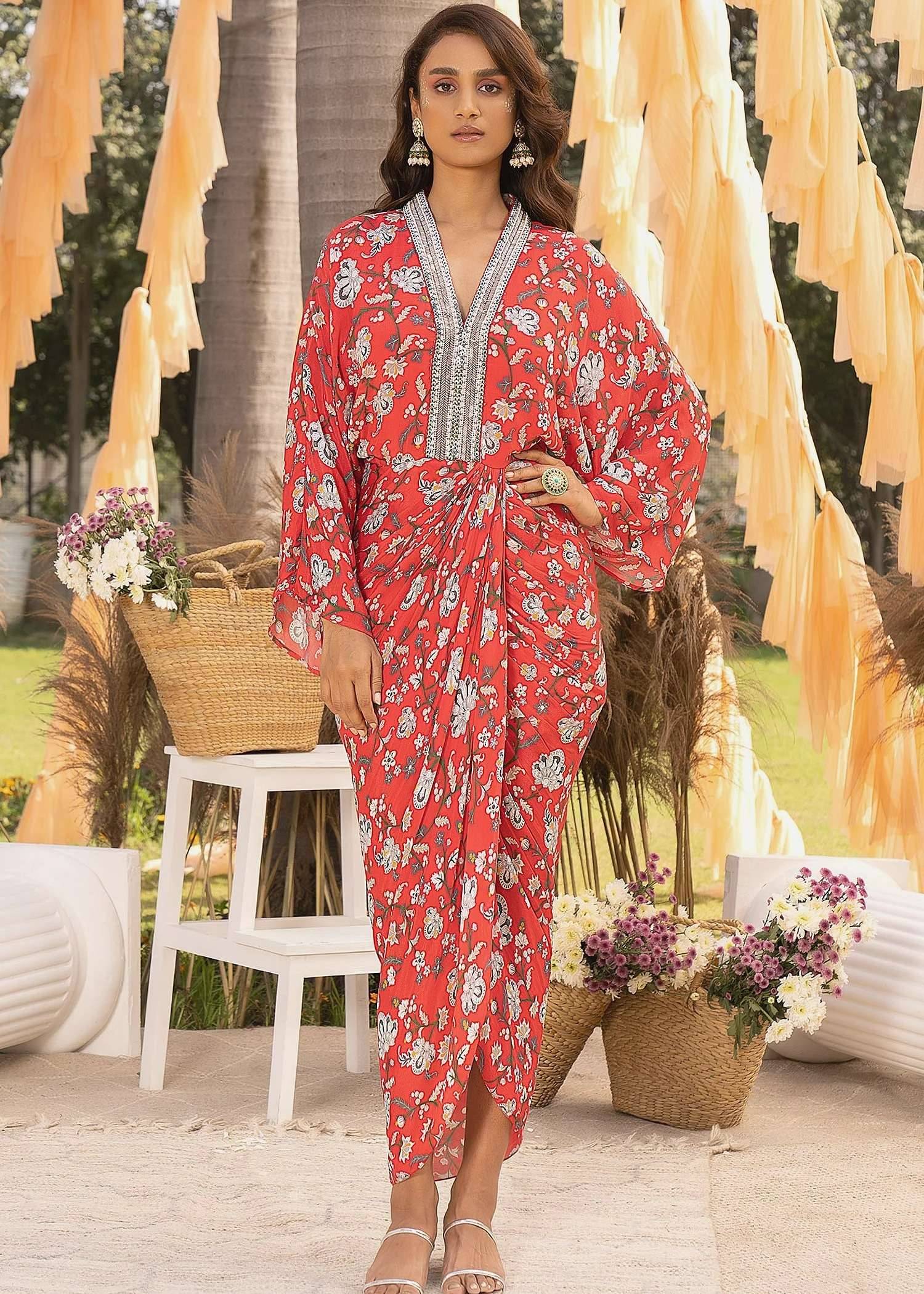 Red Floral Draped Dress Image - 0