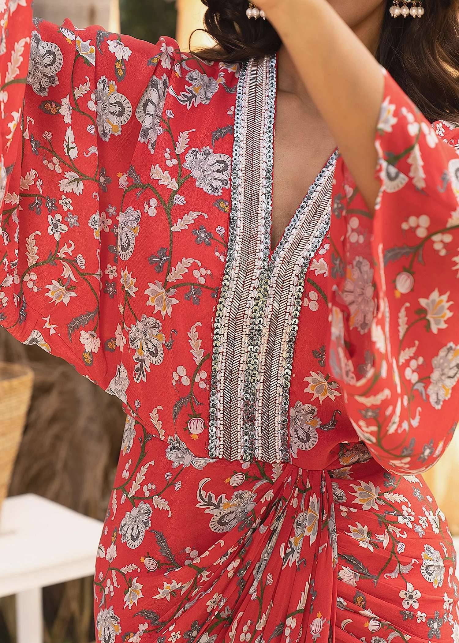 Red Floral Draped Dress Image - 2