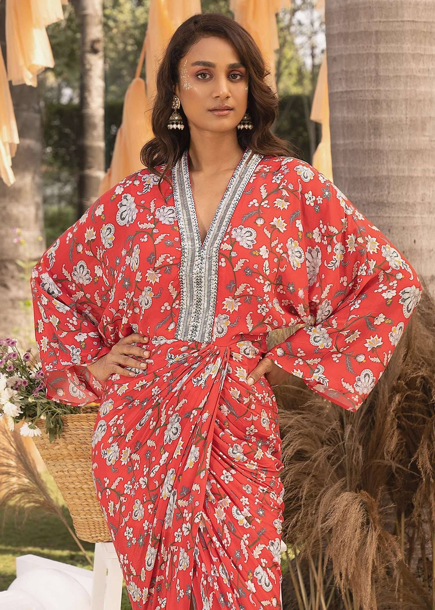 Red Floral Draped Dress Image - 3