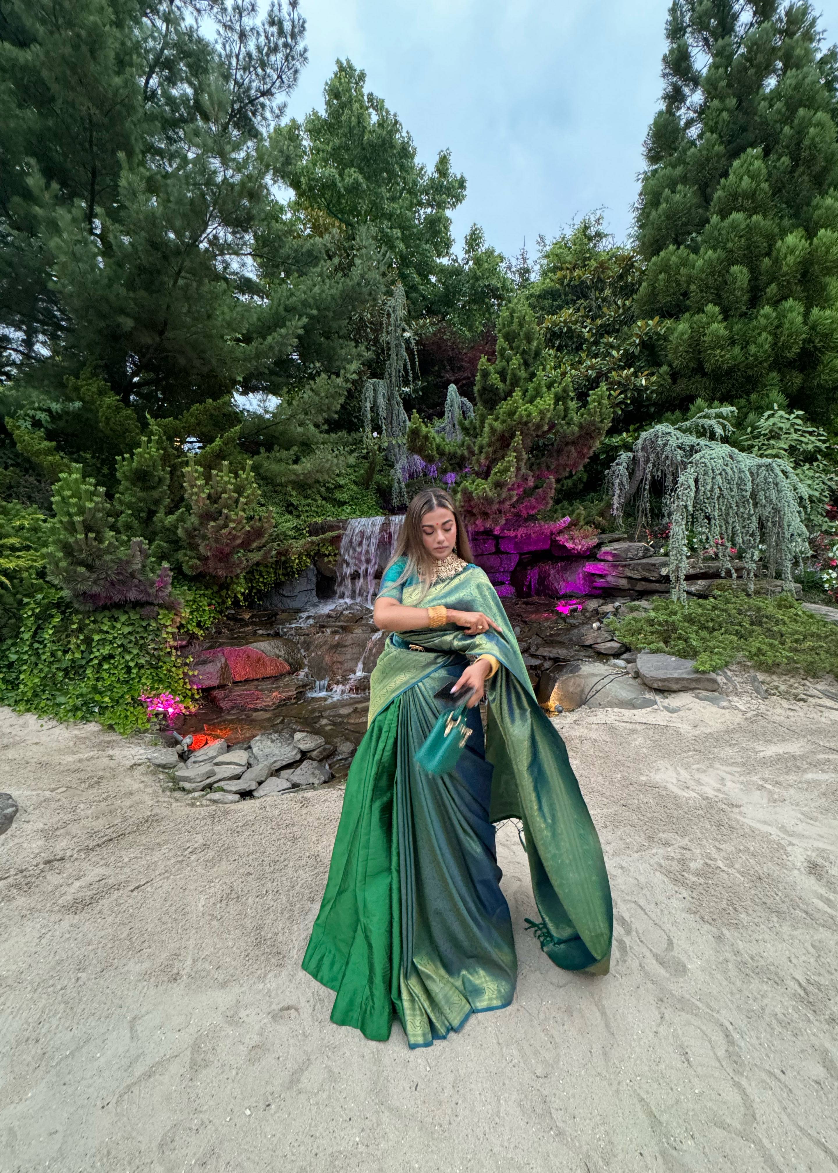 Kanchivoram Green Lehenga Sari  Image - 3