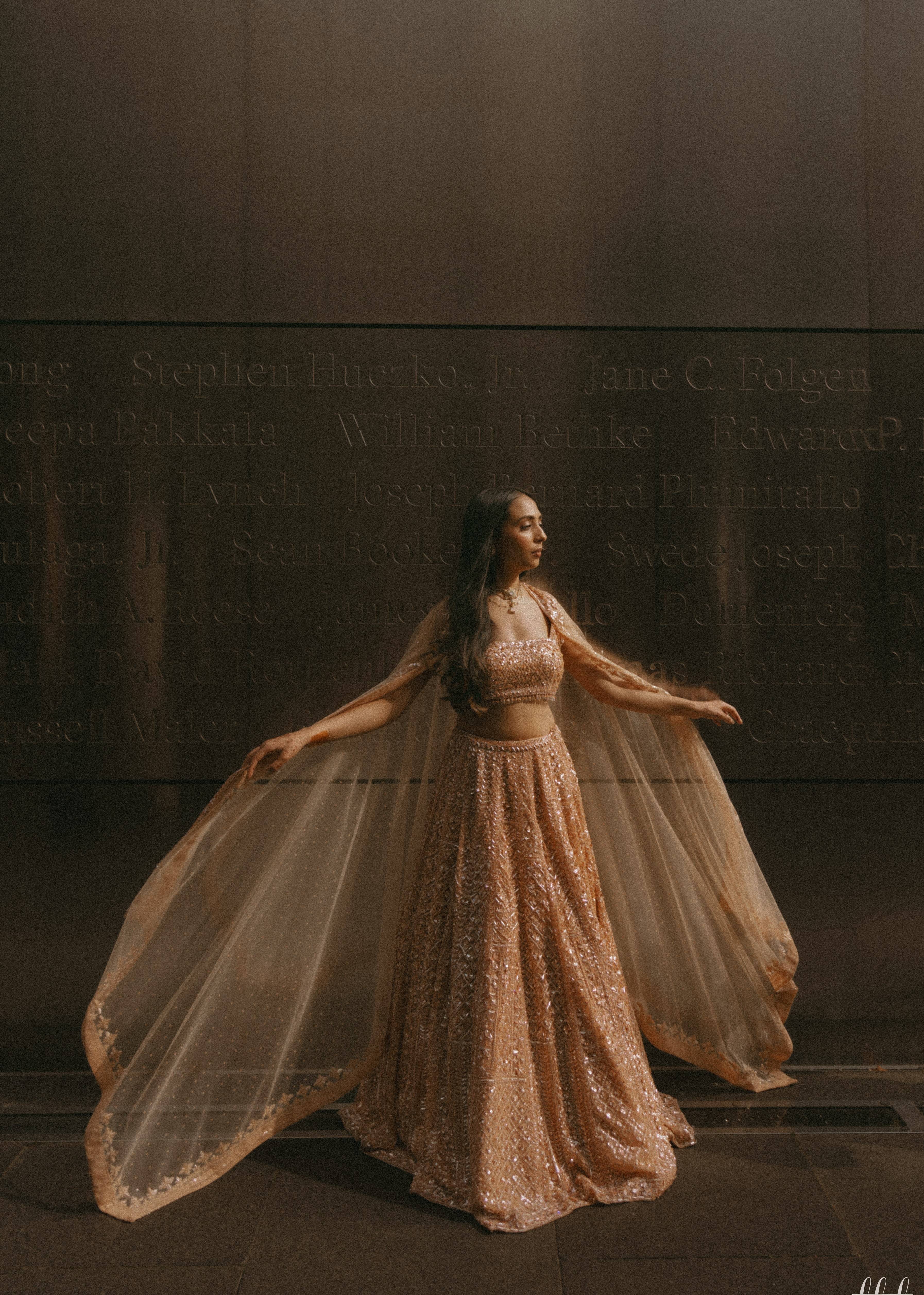 Peach Orange Sequin Lehenga Image - 3