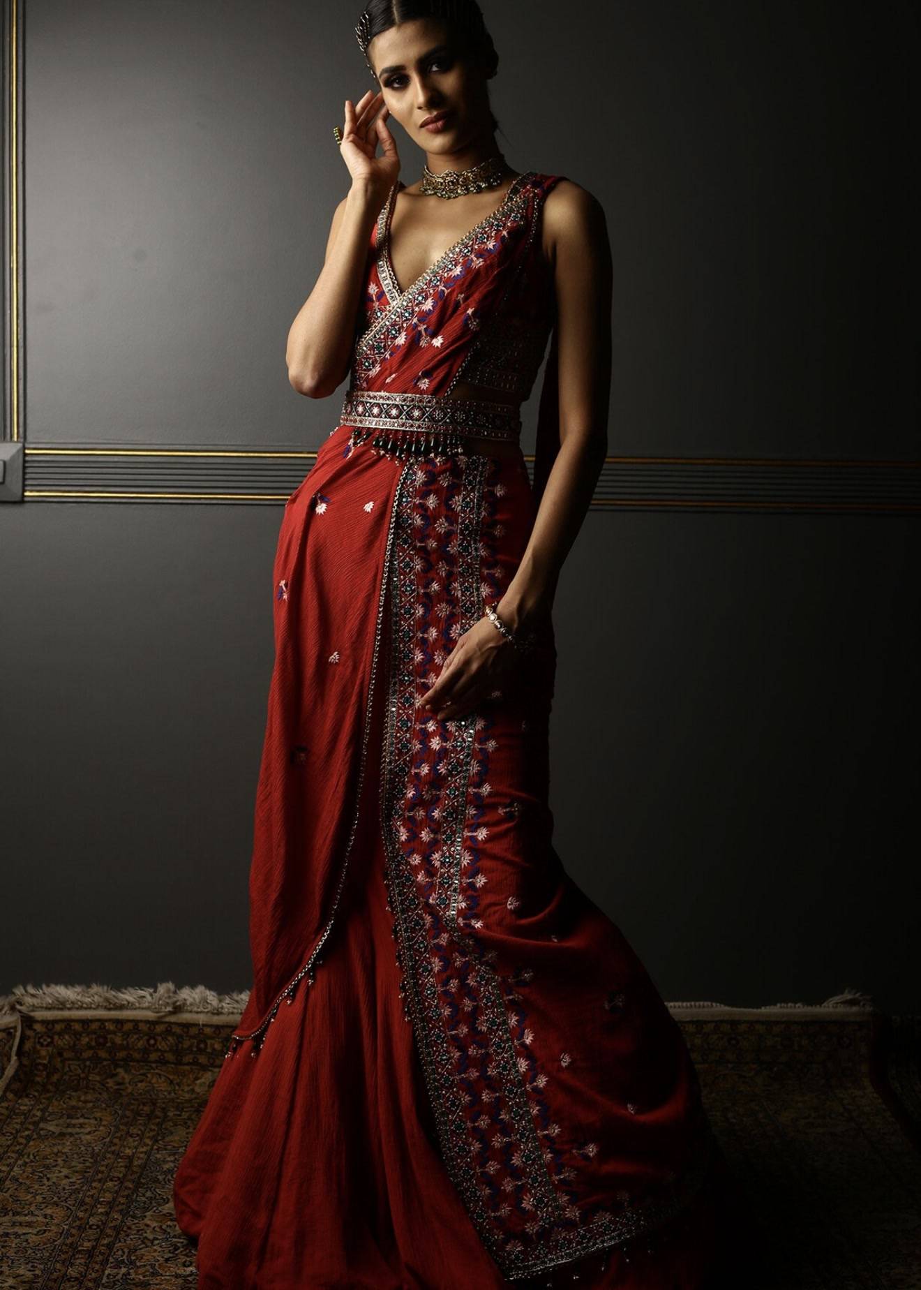 Ruby Red Georgette Pre-Draped Sari Image - 2