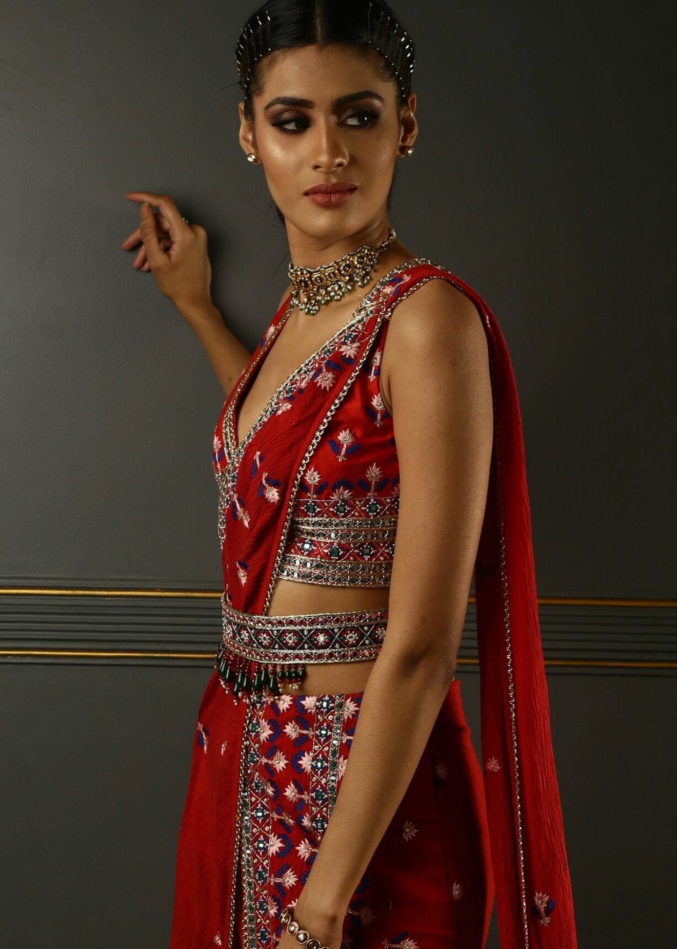Ruby Red Georgette Pre-Draped Sari Image - 1