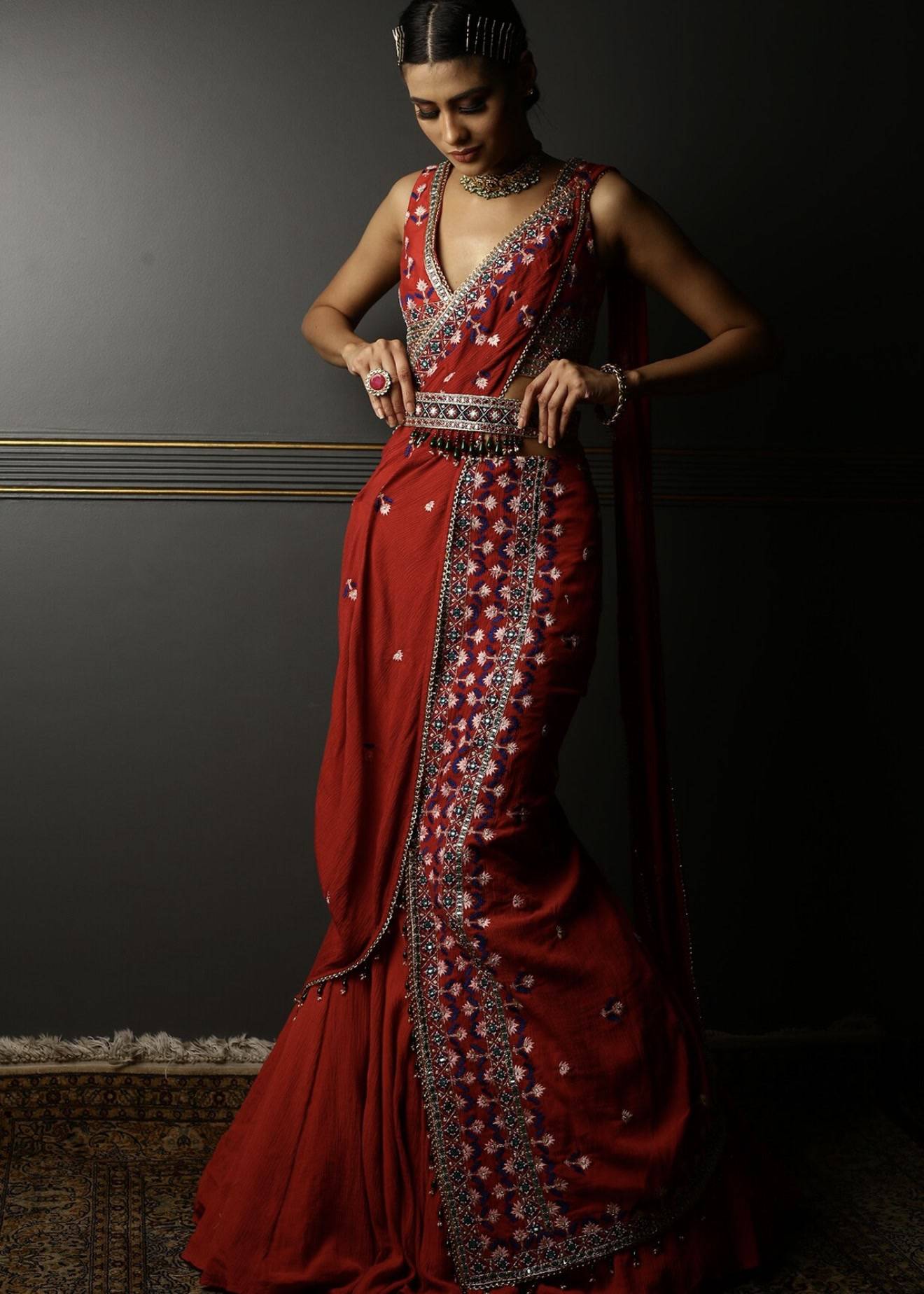 Ruby Red Georgette Pre-Draped Sari Image - 0