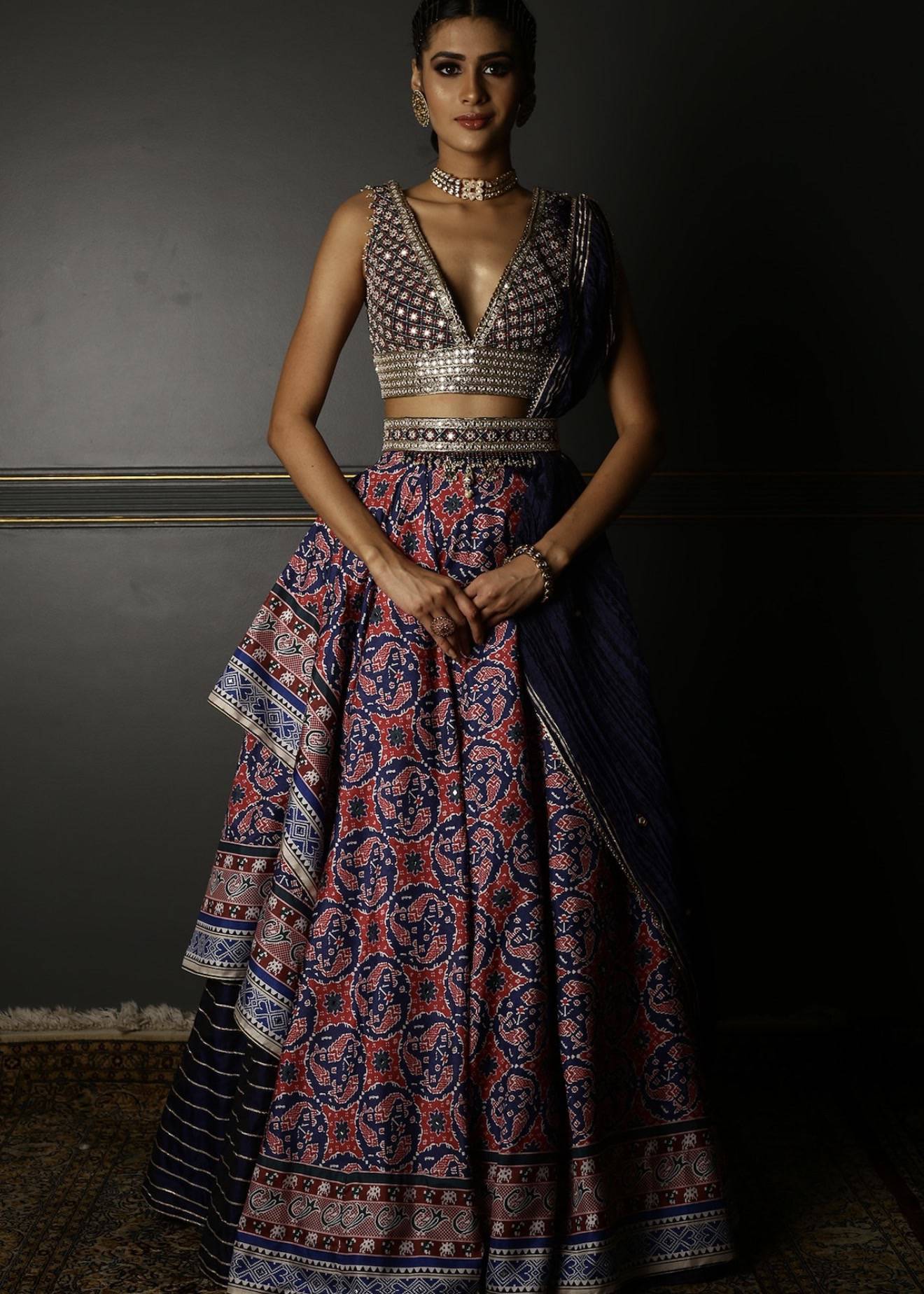Blue Handwoven Banarasi Blouse with Draped Lehenga Image - 0