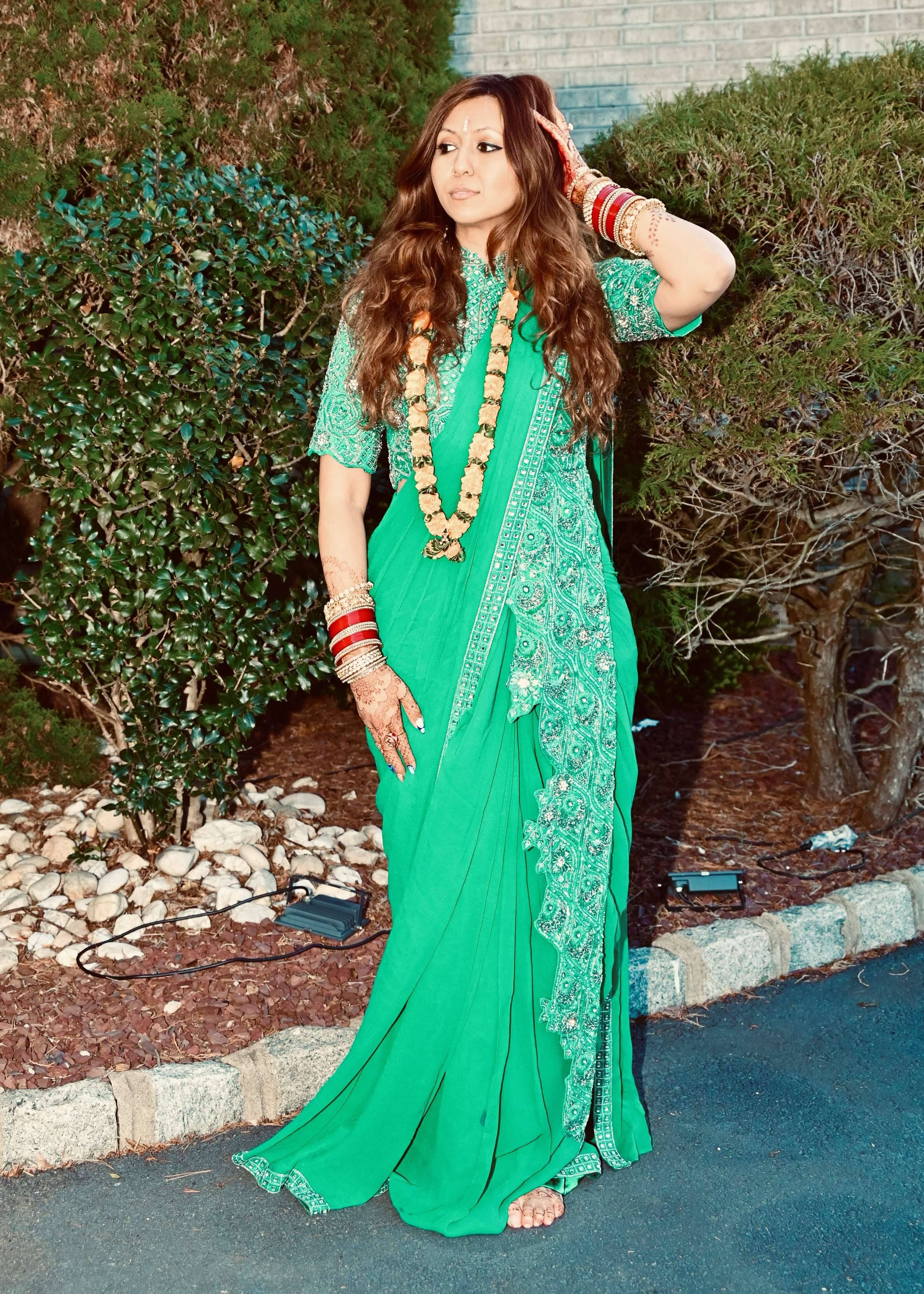 Green Embellished Pre-Draped Sari Image - 0