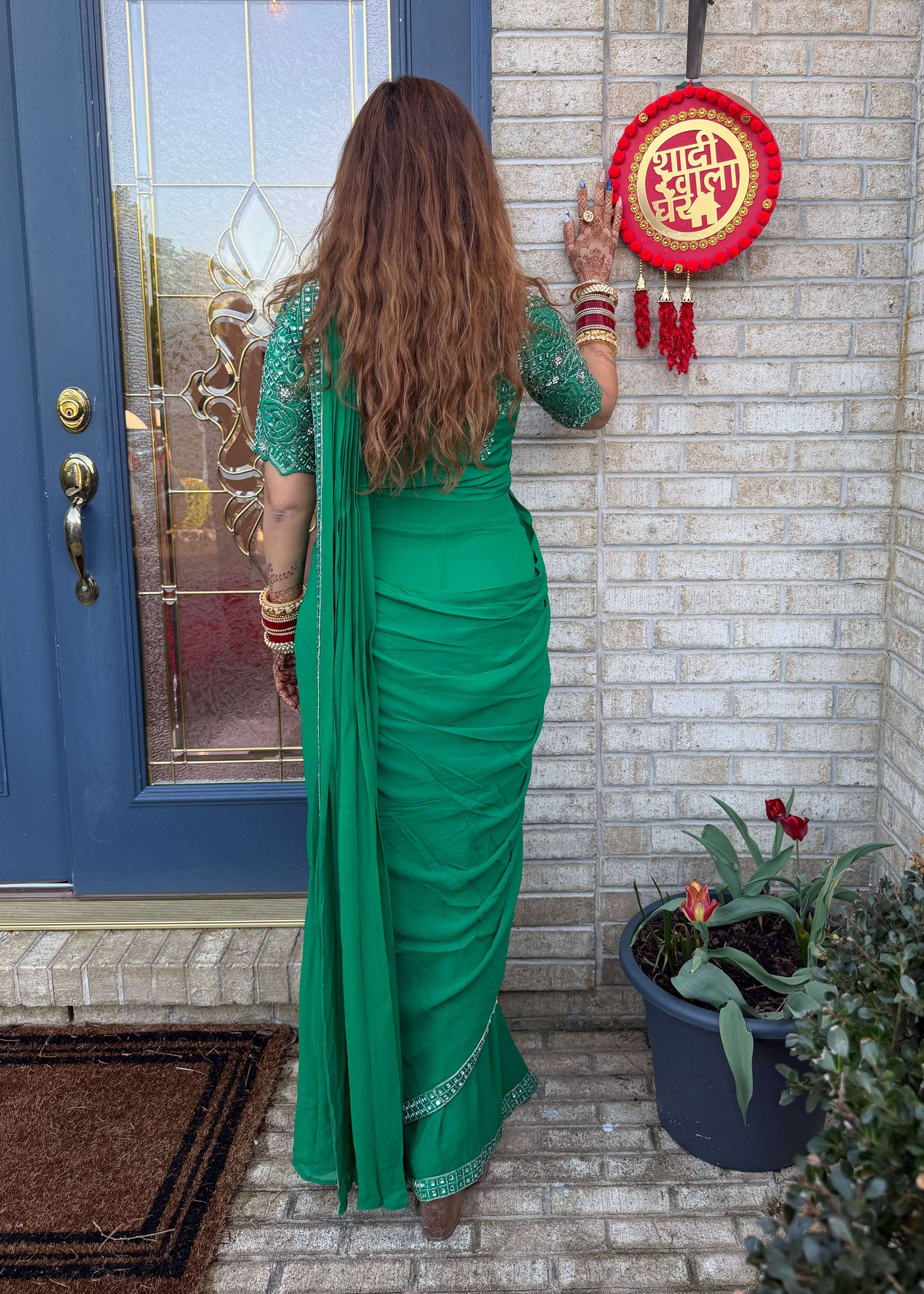 Green Embellished Pre-Draped Sari Image - 1