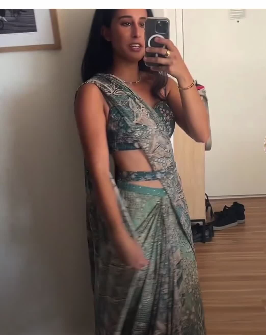 Blue Printed Pre-Draped Sari Image - 3