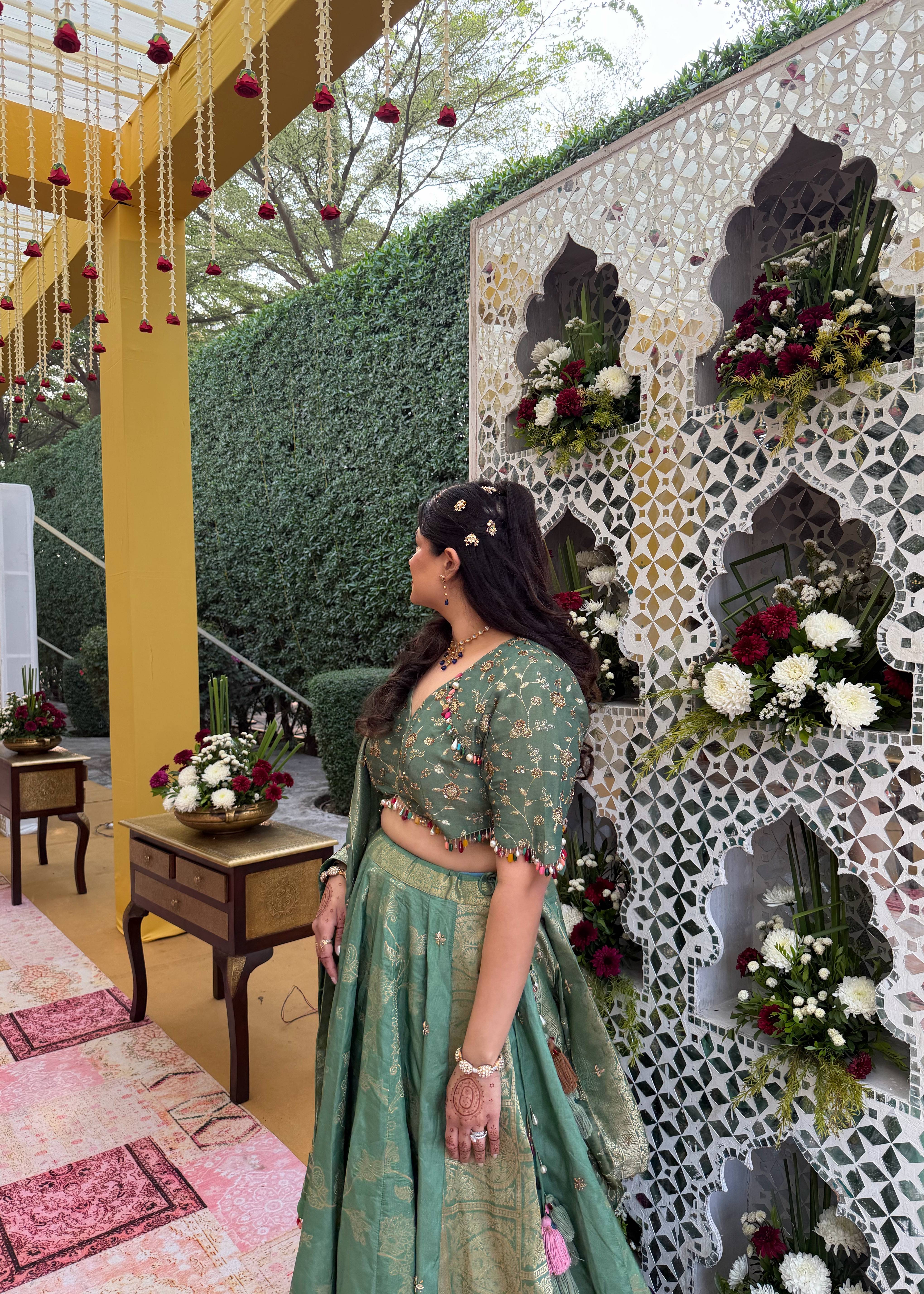 Sage Green Gold-Embroidered Lehenga Image - 3