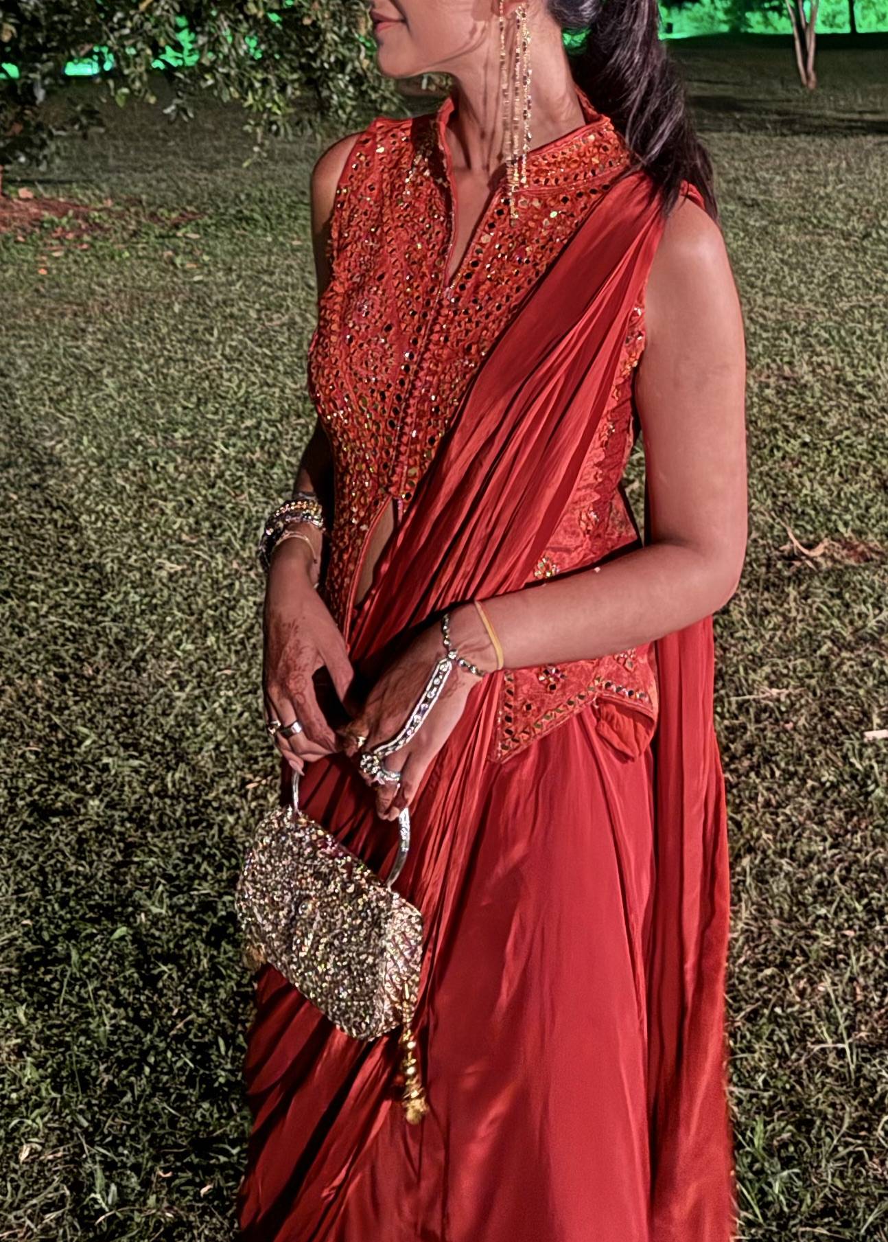 Burnt Orange Mirror-Work Pre-Draped Sari Image - 2