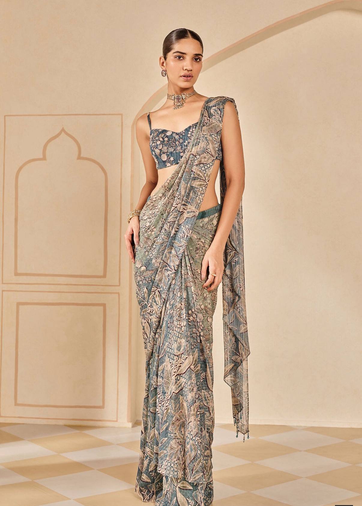 Blue Printed Pre-Draped Sari Image - 0