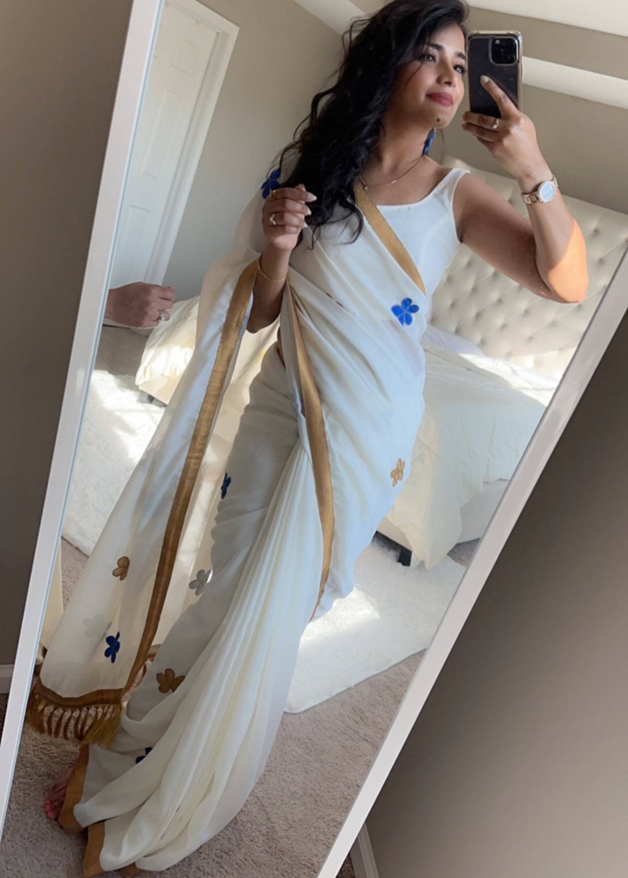 White Floral Patchwork Sari Image - 1