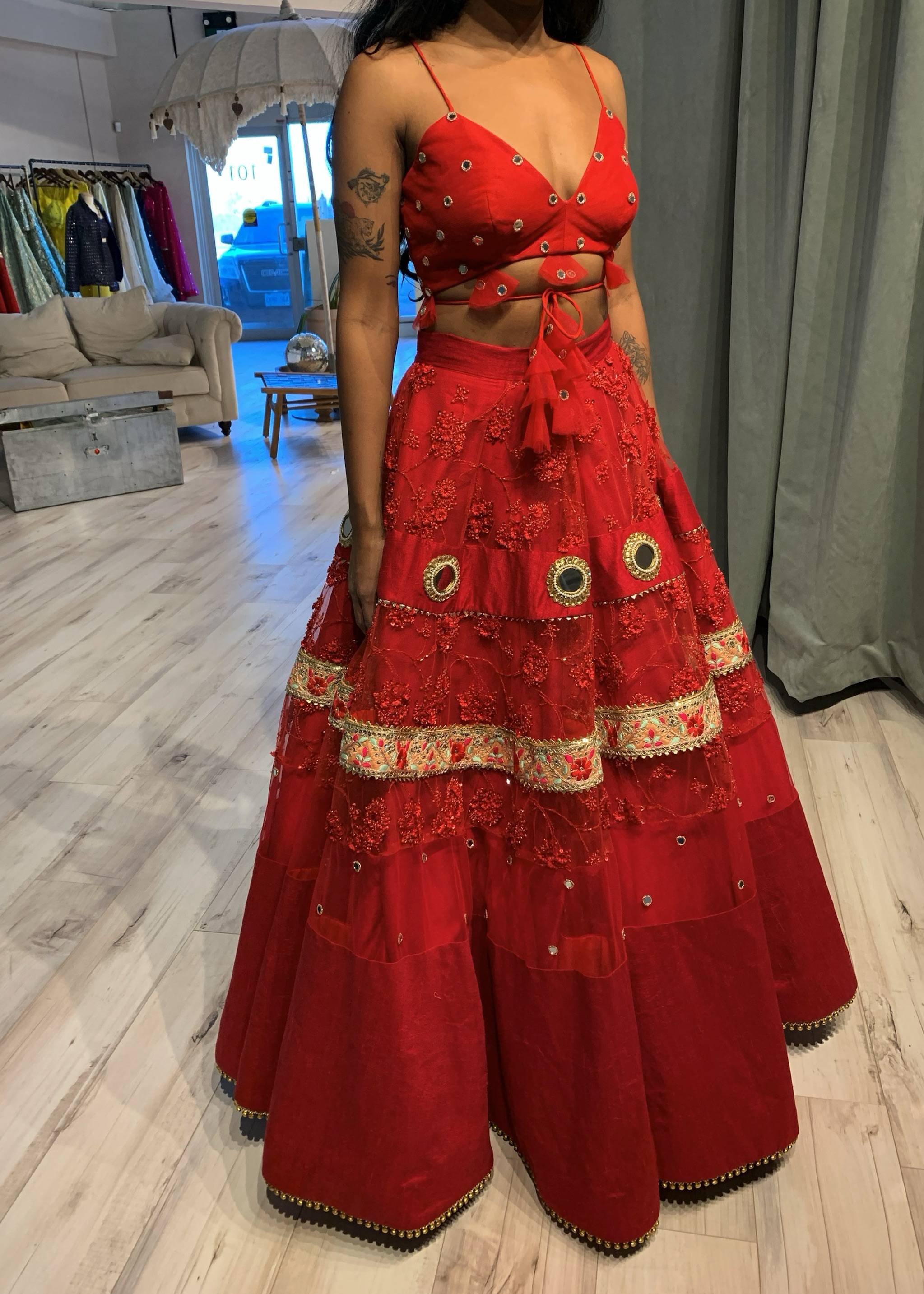Red Mirrorwork Lehenga Image - 0