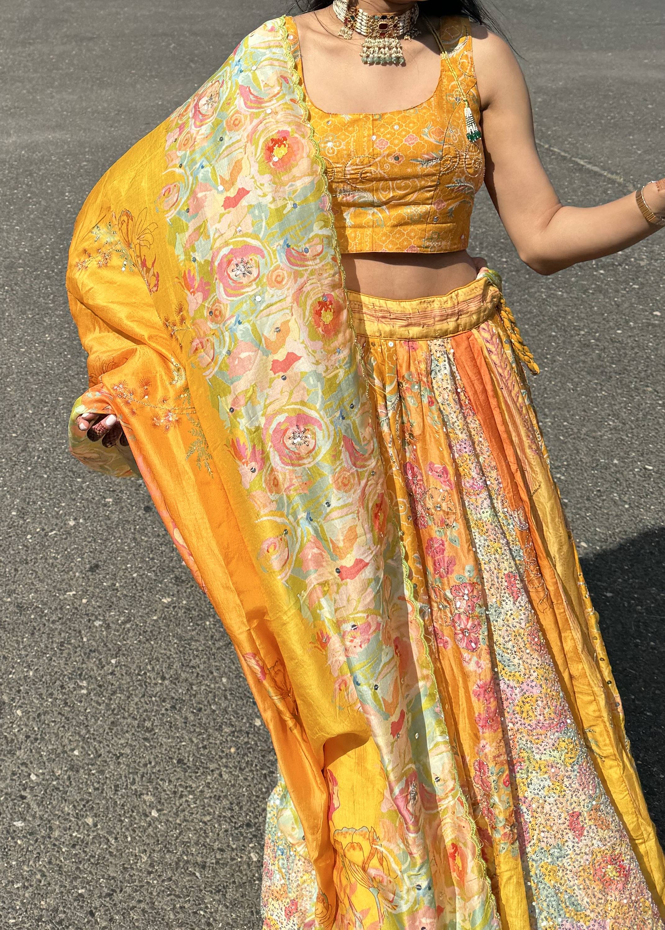 Yellow Floral Panel Lehenga Image - 2