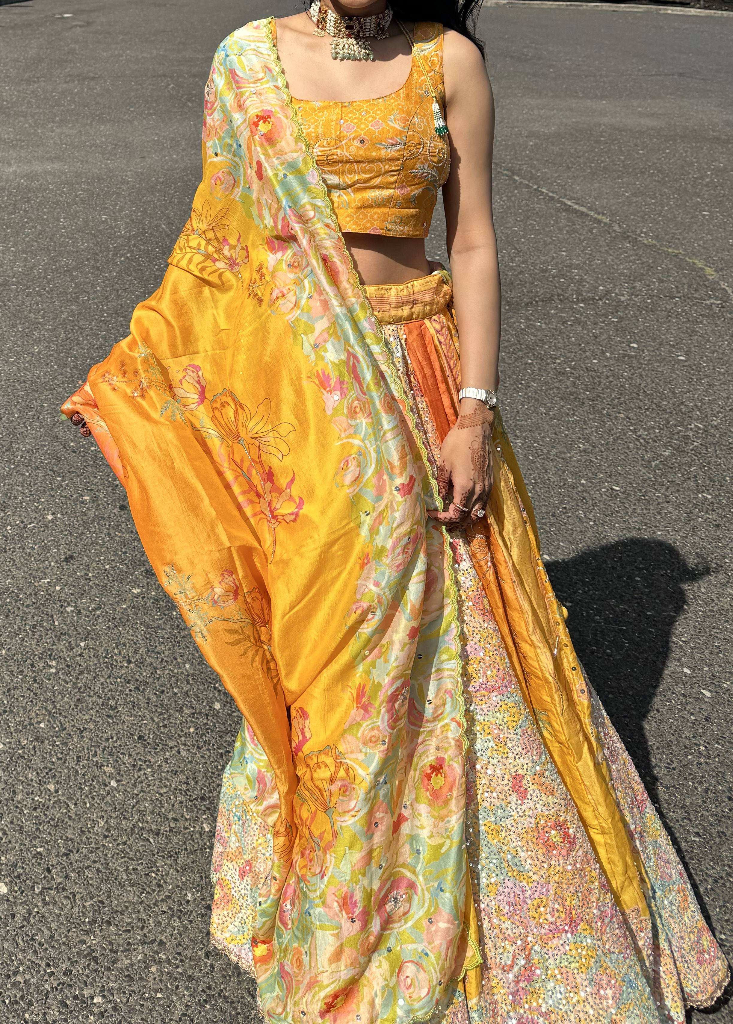 Yellow Floral Panel Lehenga Image - 0