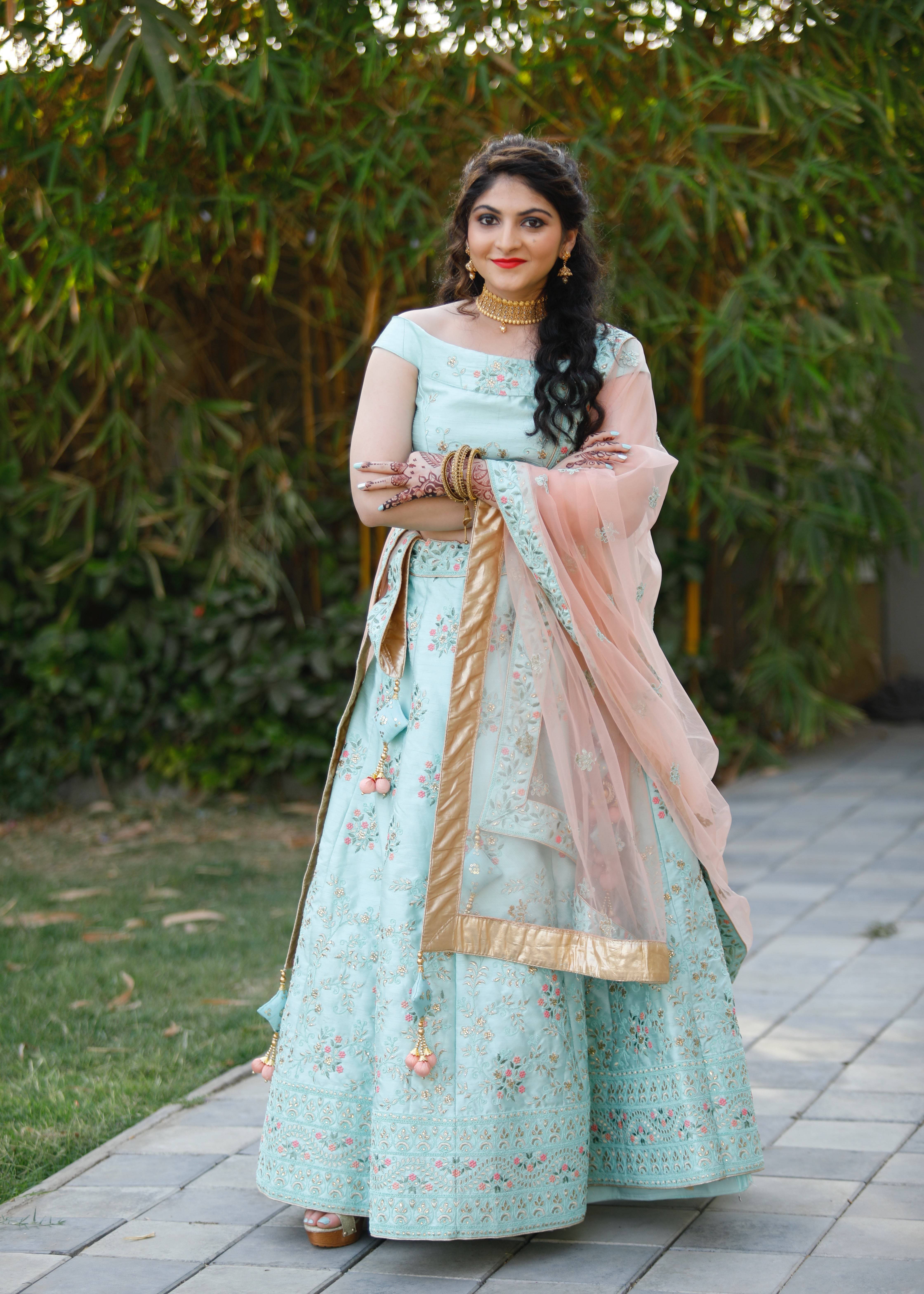 Mint Teal Floral Embroidered Lehenga Image - 1