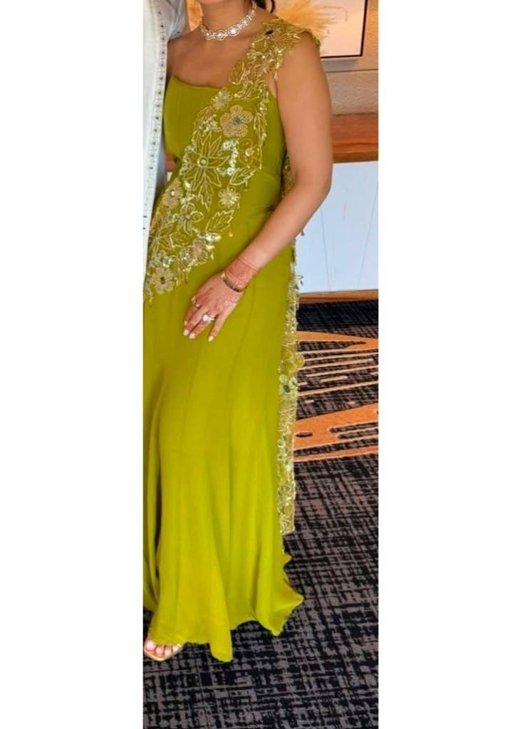 Olive Green Beaded One-Shoulder Concept Sari Image - 2