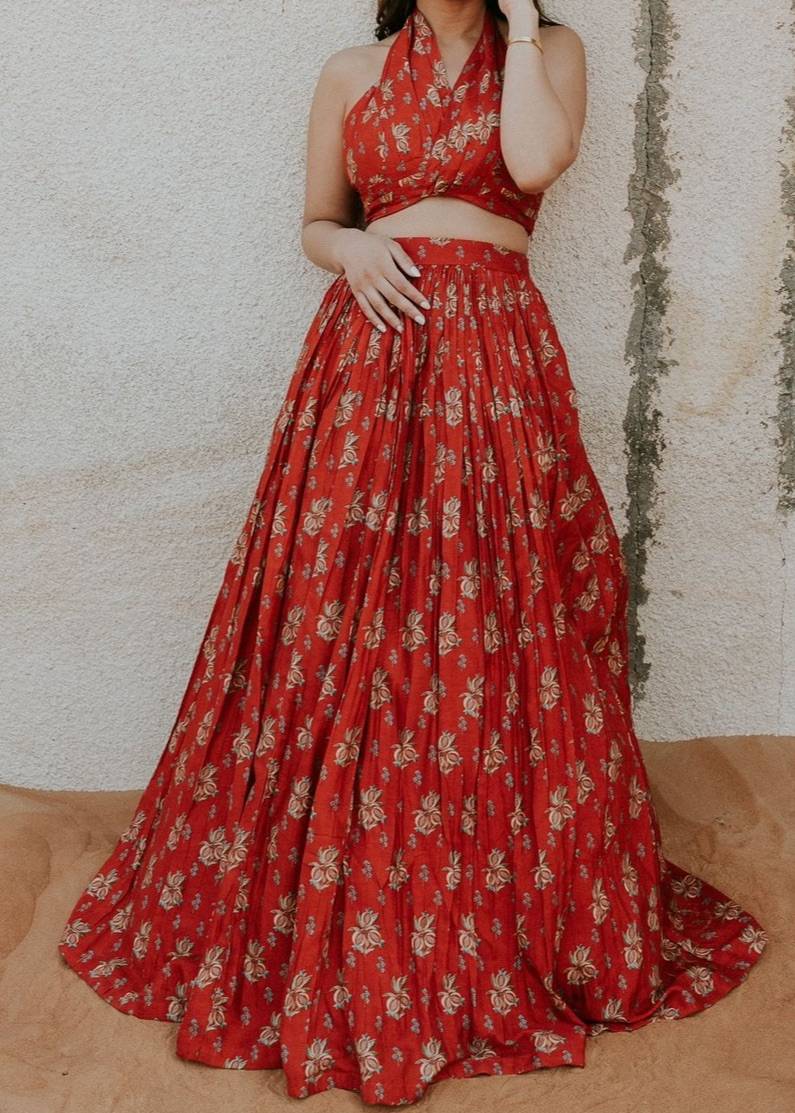 Red Floral Halter Top Skirt Set Image - 0