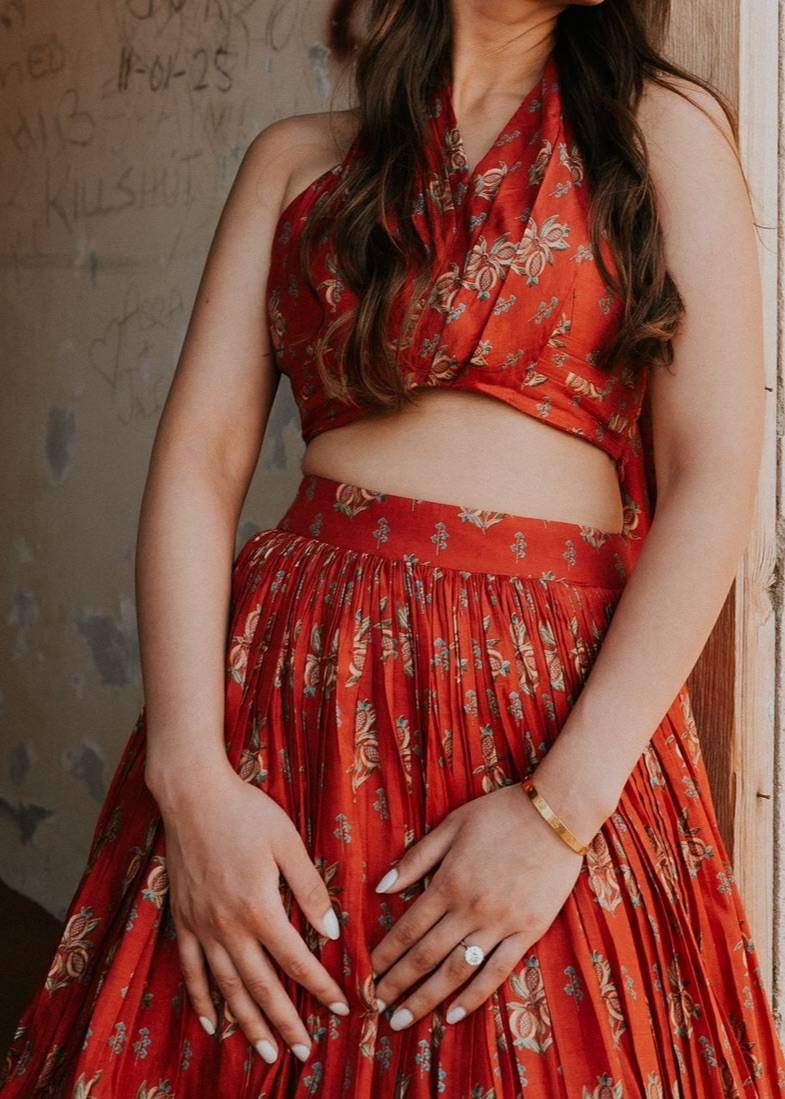 Red Floral Halter Top Skirt Set Image - 1