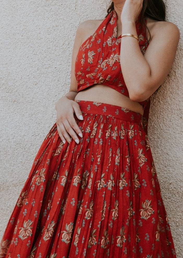 Red Floral Halter Top Skirt Set Image - 2