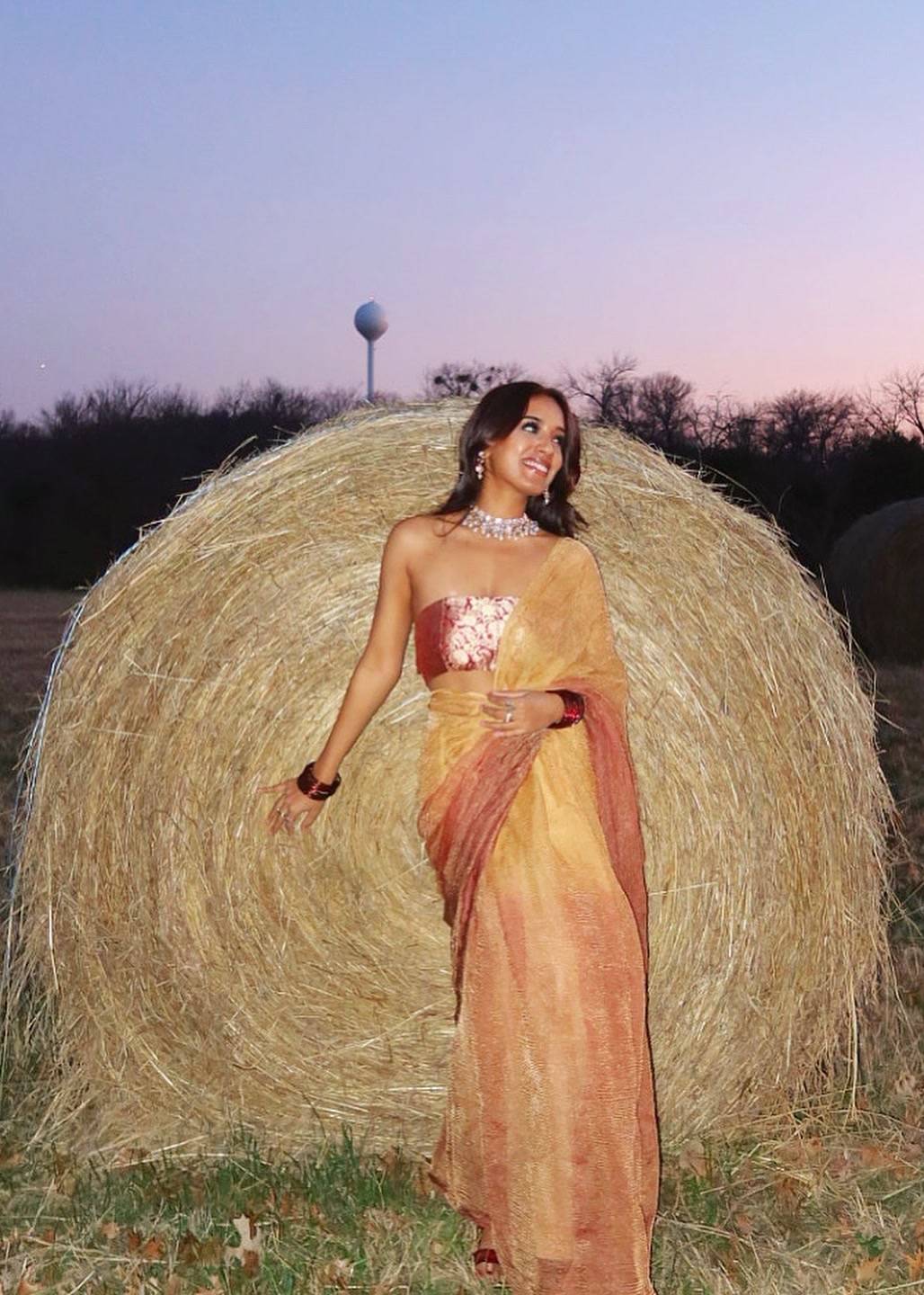 Metallic Gold-Rust Ombre Crinkle Tissue Sari Image - 7