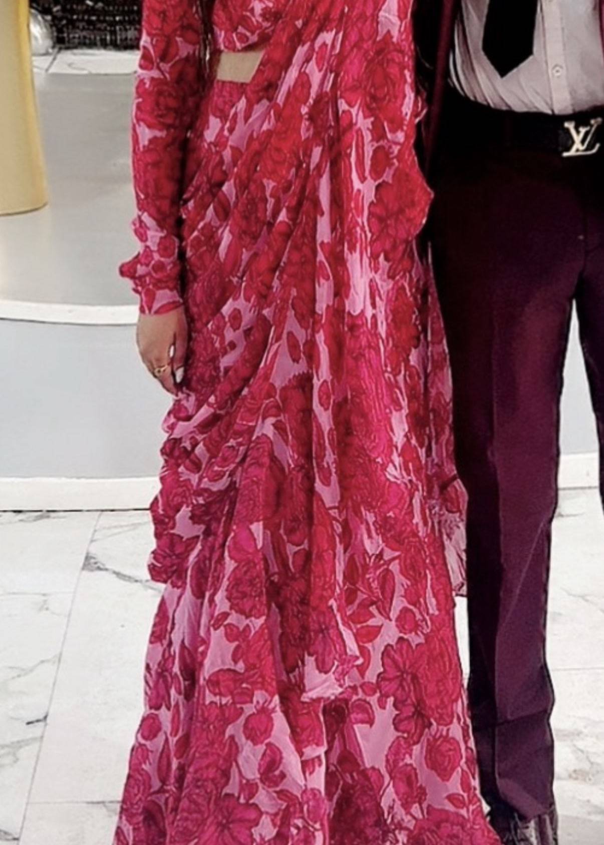 Red Floral Print Pre-Draped Sari Image - 4
