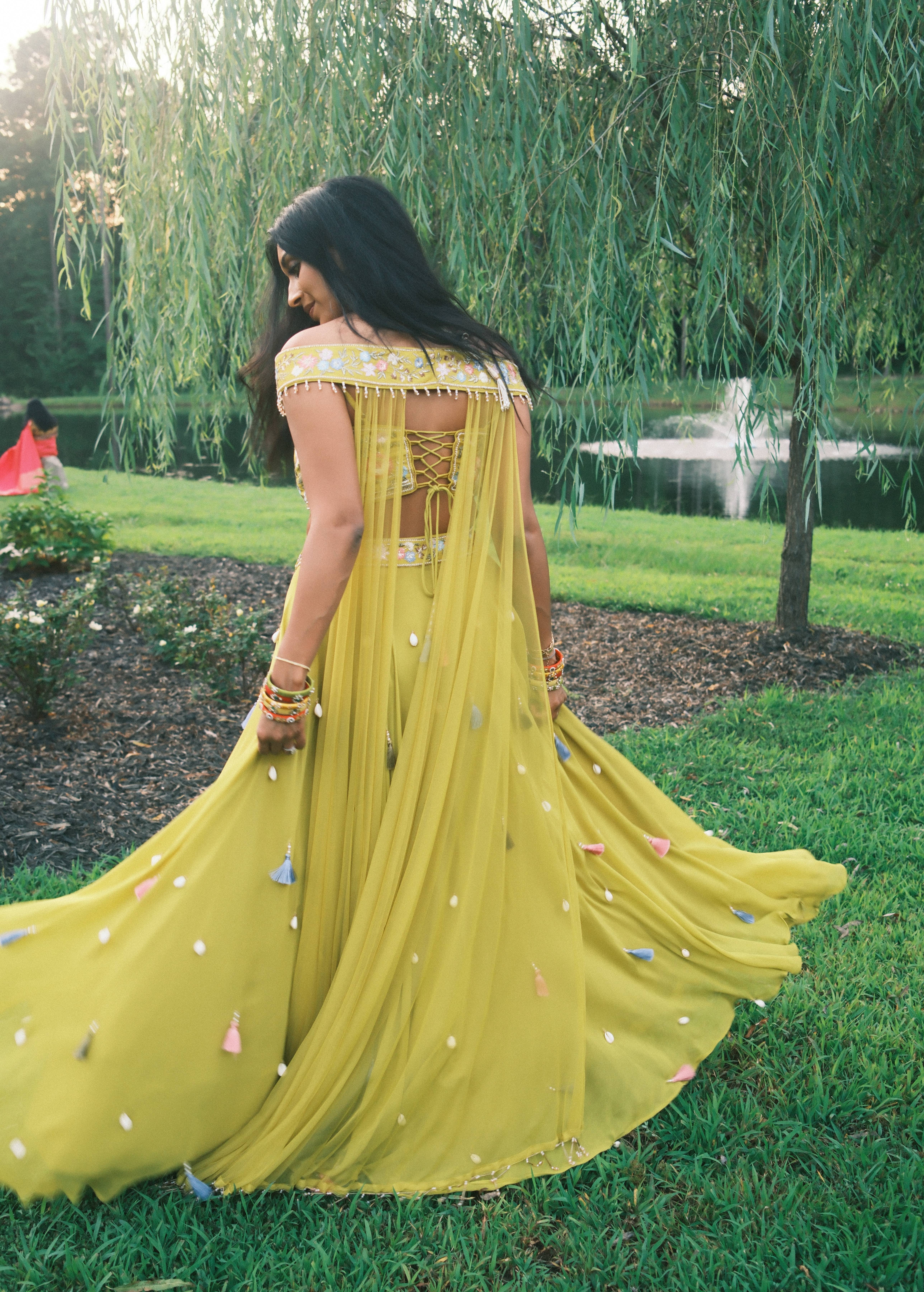 Yellow Off-Shoulder Shell Lehenga Image - 1