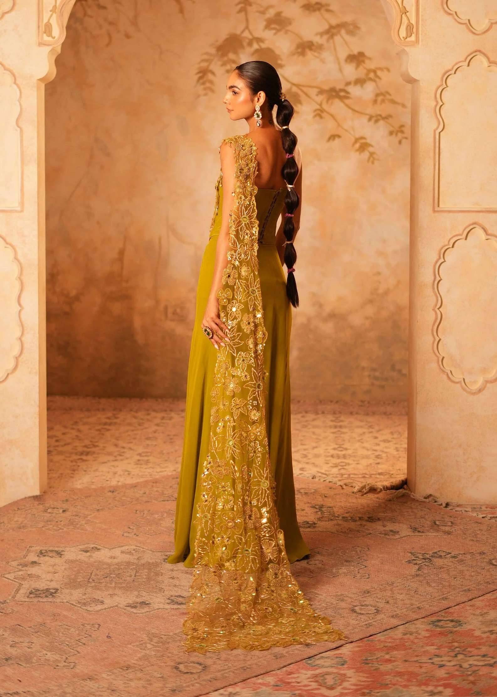 Olive Green Beaded One-Shoulder Concept Sari Image - 1
