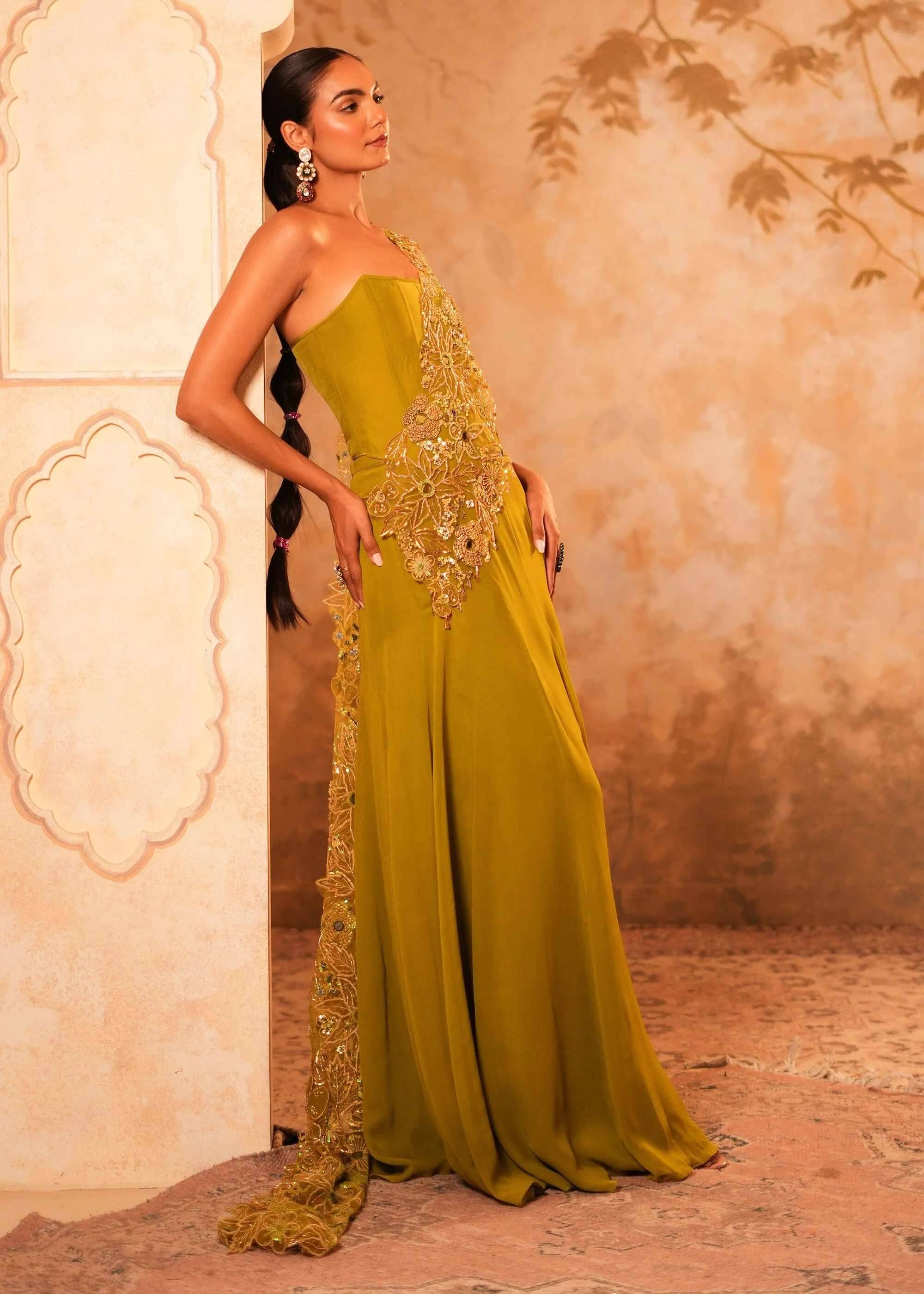 Olive Green Beaded One-Shoulder Concept Sari Image - 4