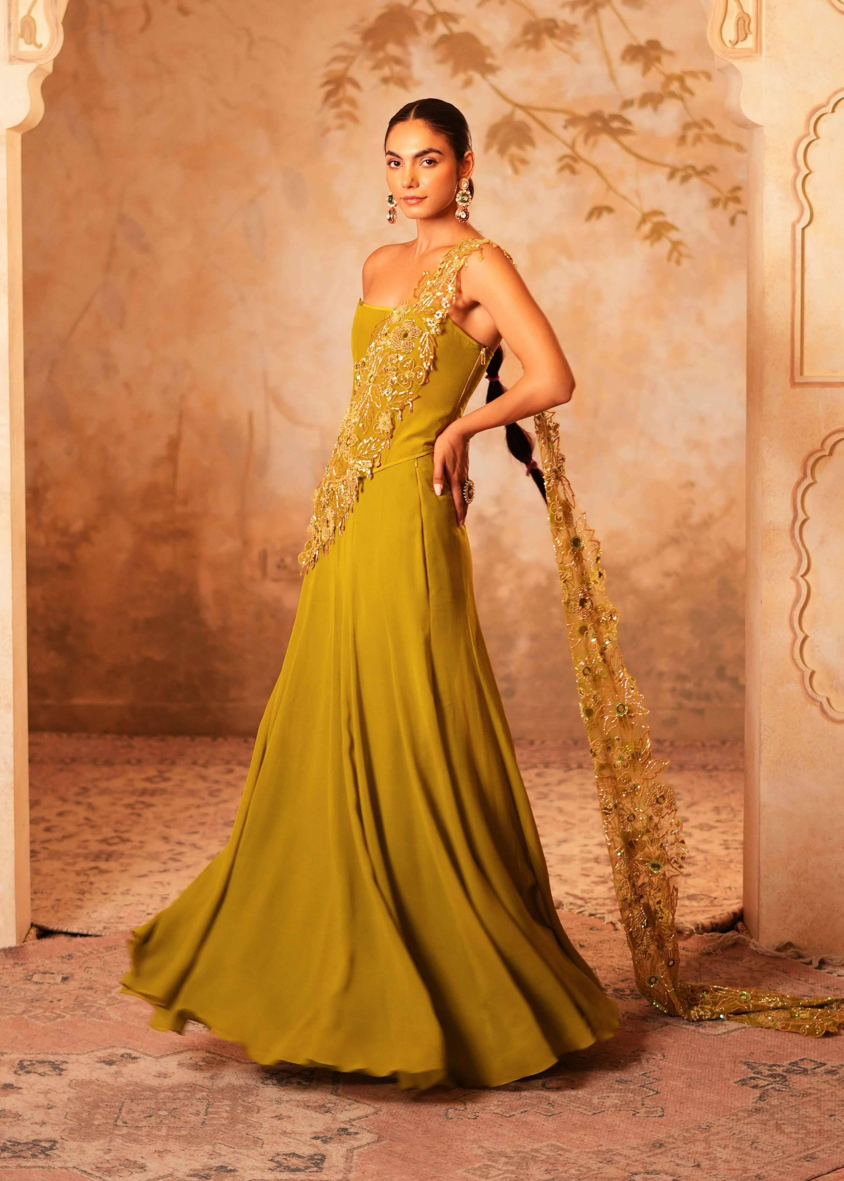 Olive Green Beaded One-Shoulder Concept Sari Image - 6